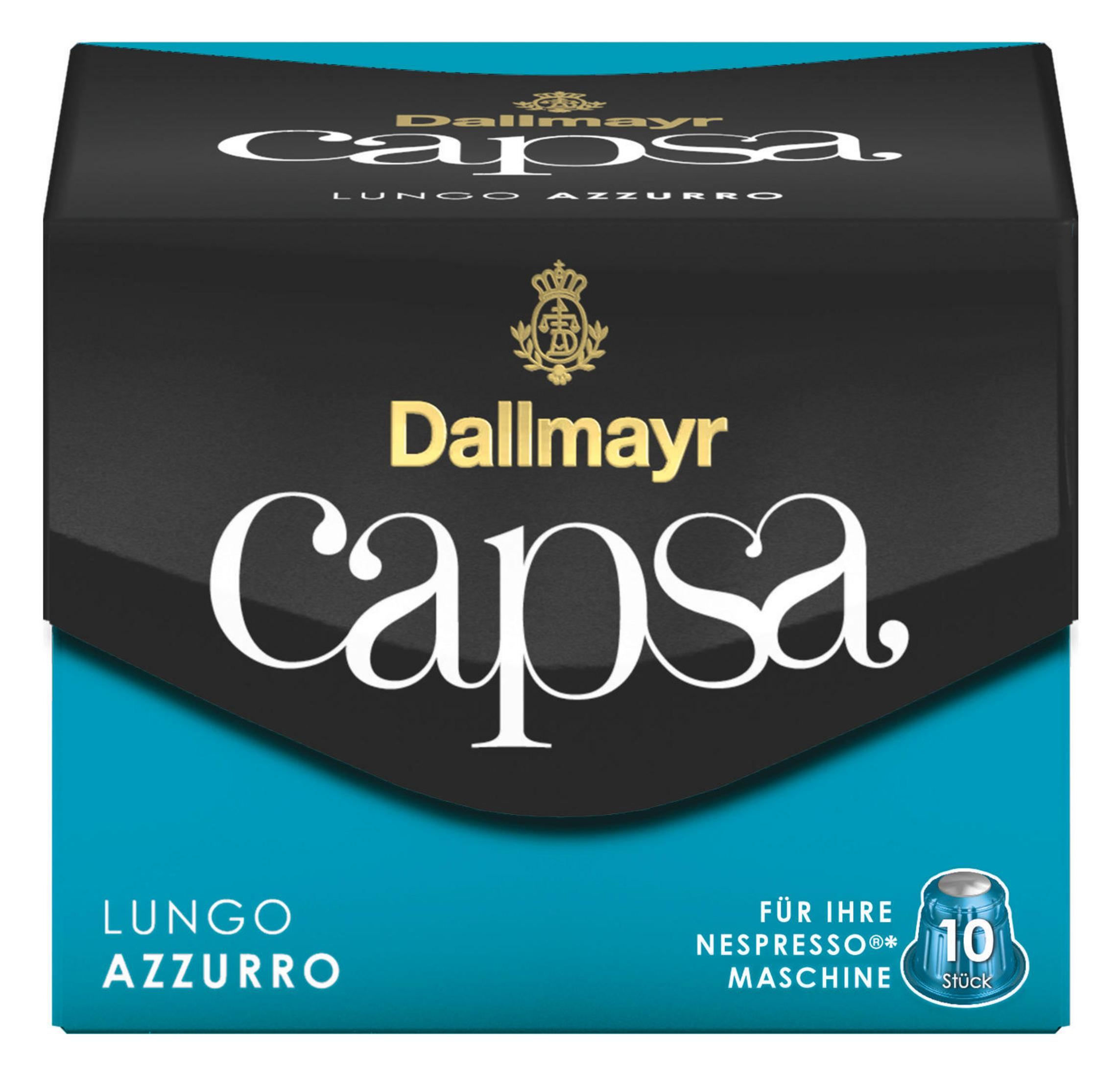 Dallmayr Capsa Kaffeepad-Schachtel. Die Box ist schwarz und türkis. Zeigt 'Lungo Azzurro' und 10 Pads.