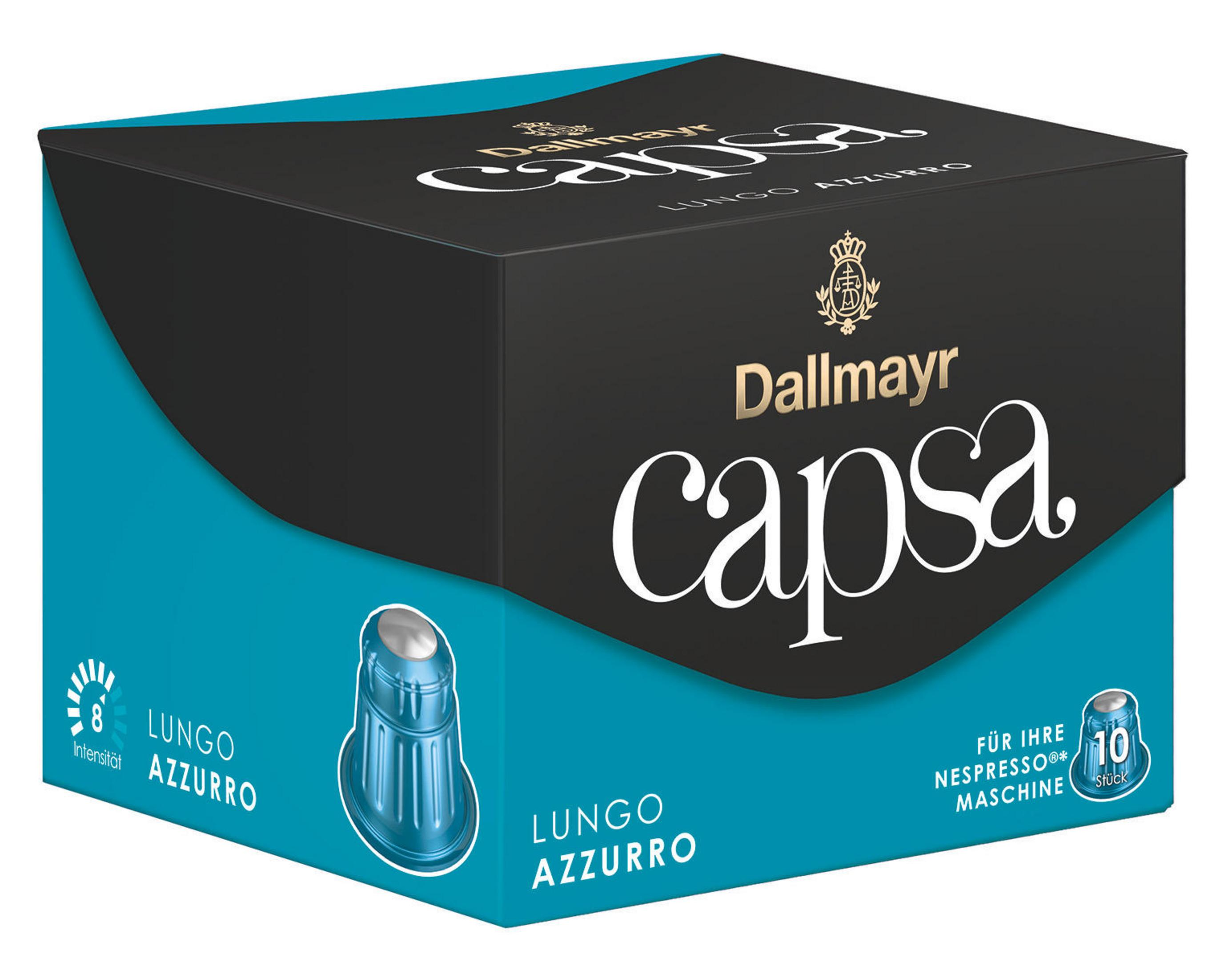 Dallmayr Capsa Kaffeepad-Schachtel. Box schwarz und türkis. Zeigt 'Lungo Azzurro' und Intensität 8.