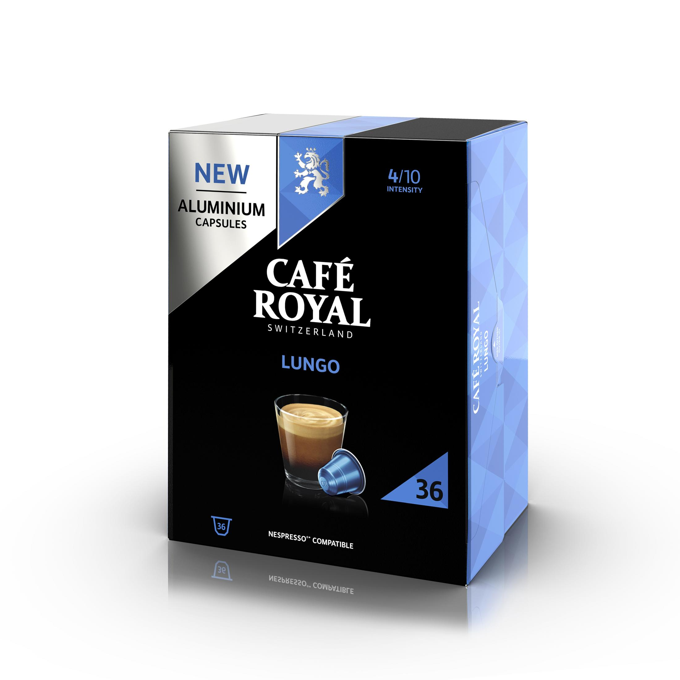 Una scatola nera e blu di capsule di caffè Café Royal Lungo con un'immagine di caffè.