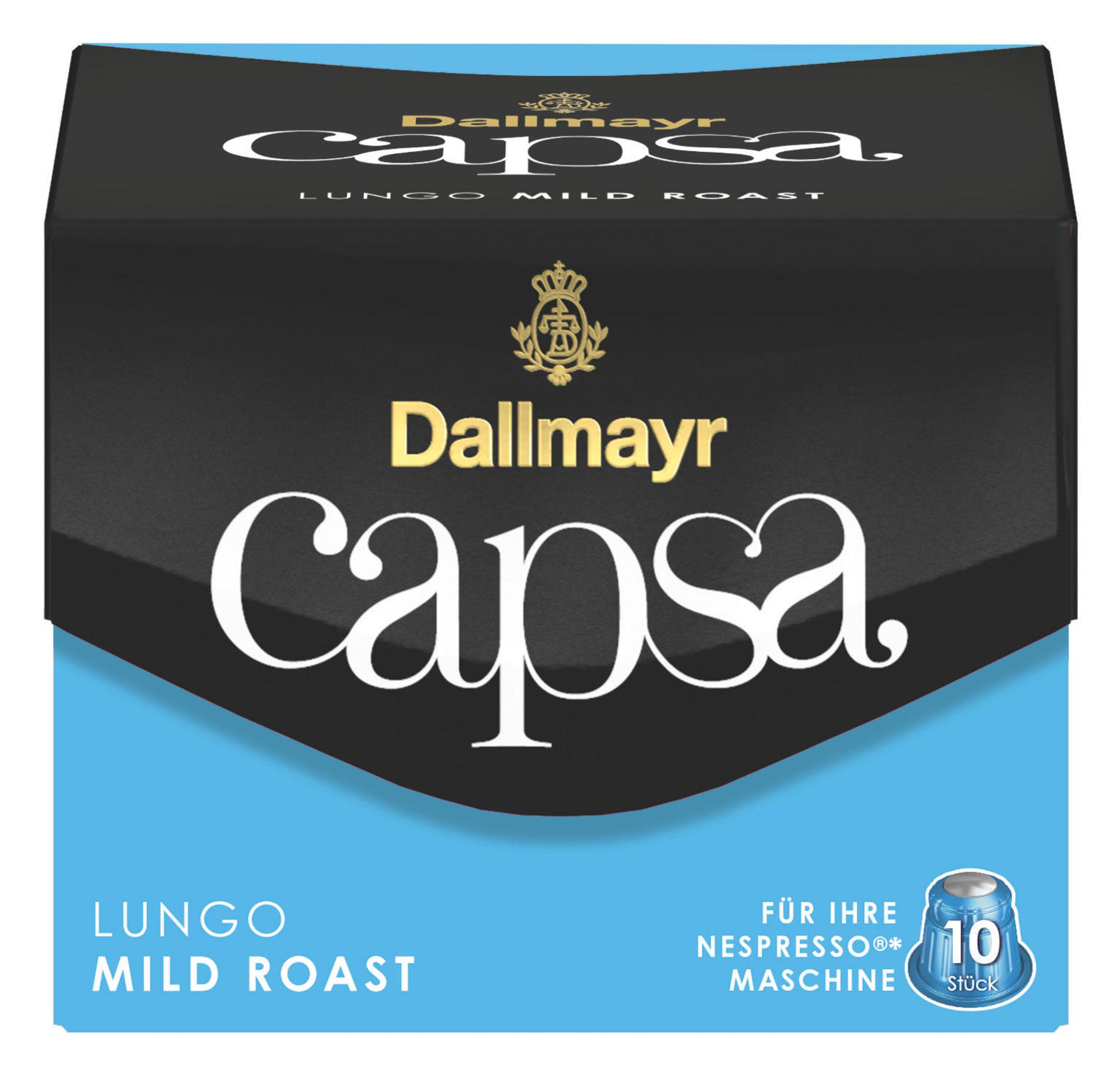 Una scatola nera e blu di cialde di caffè Dallmayr Capa, con un testo che indica che è per macchine Nespresso.