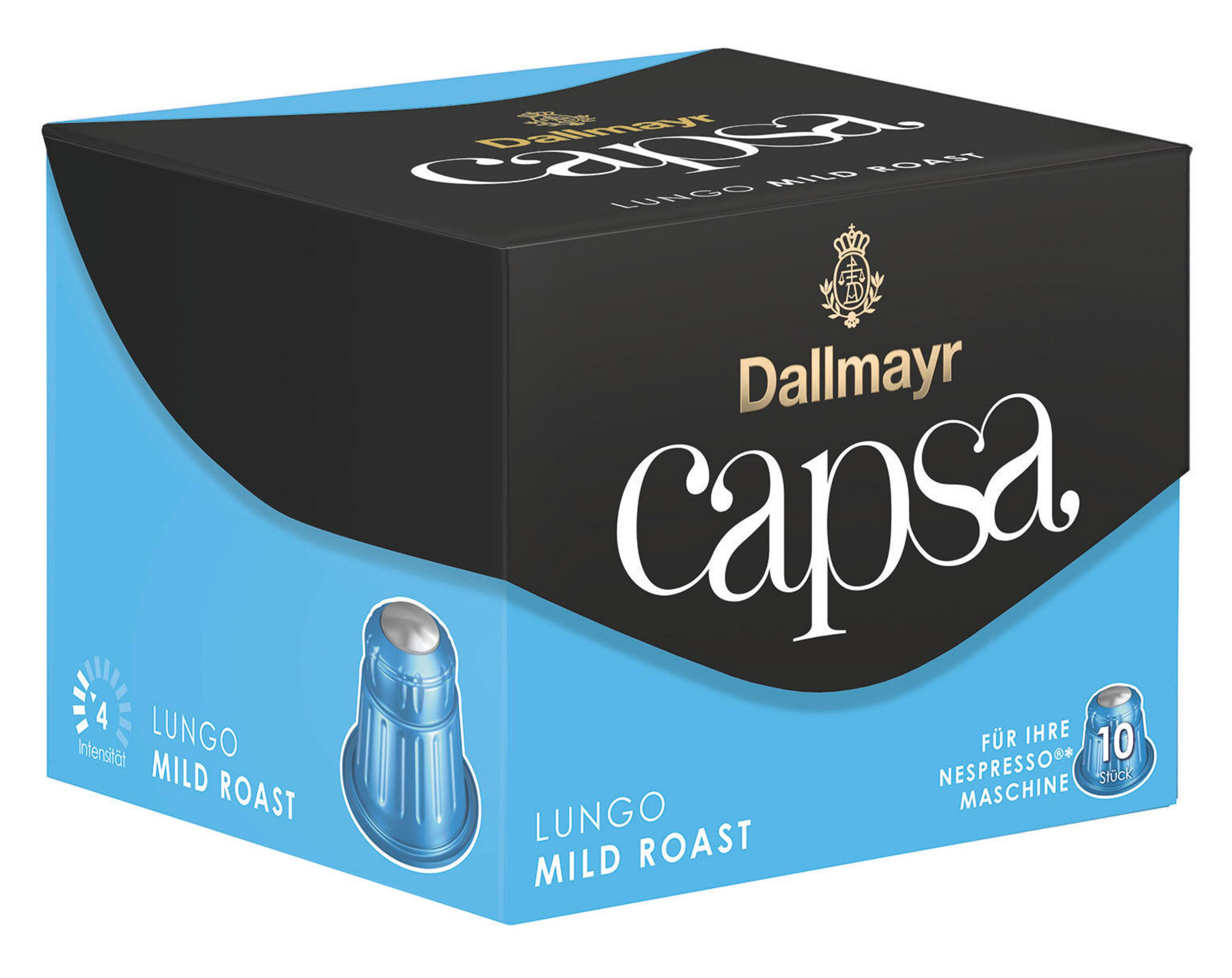 Una scatola nera e blu di cialde di caffè Dallmayr Capa, che pubblicizza la sua compatibilità con le macchine Nespresso.