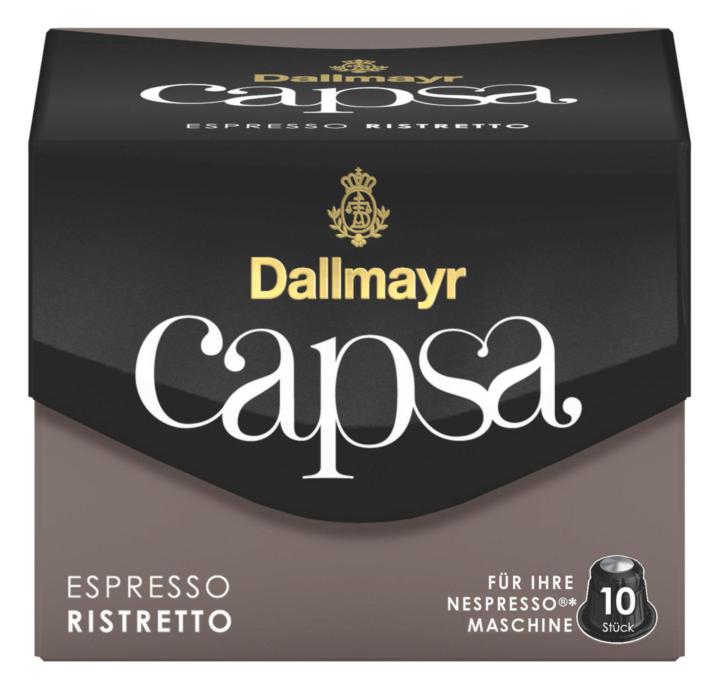Dallmayr Capa Espresso Ristretto Box. Die Box ist braun mit goldenem Logo und weißem Text auf weißem Hintergrund.