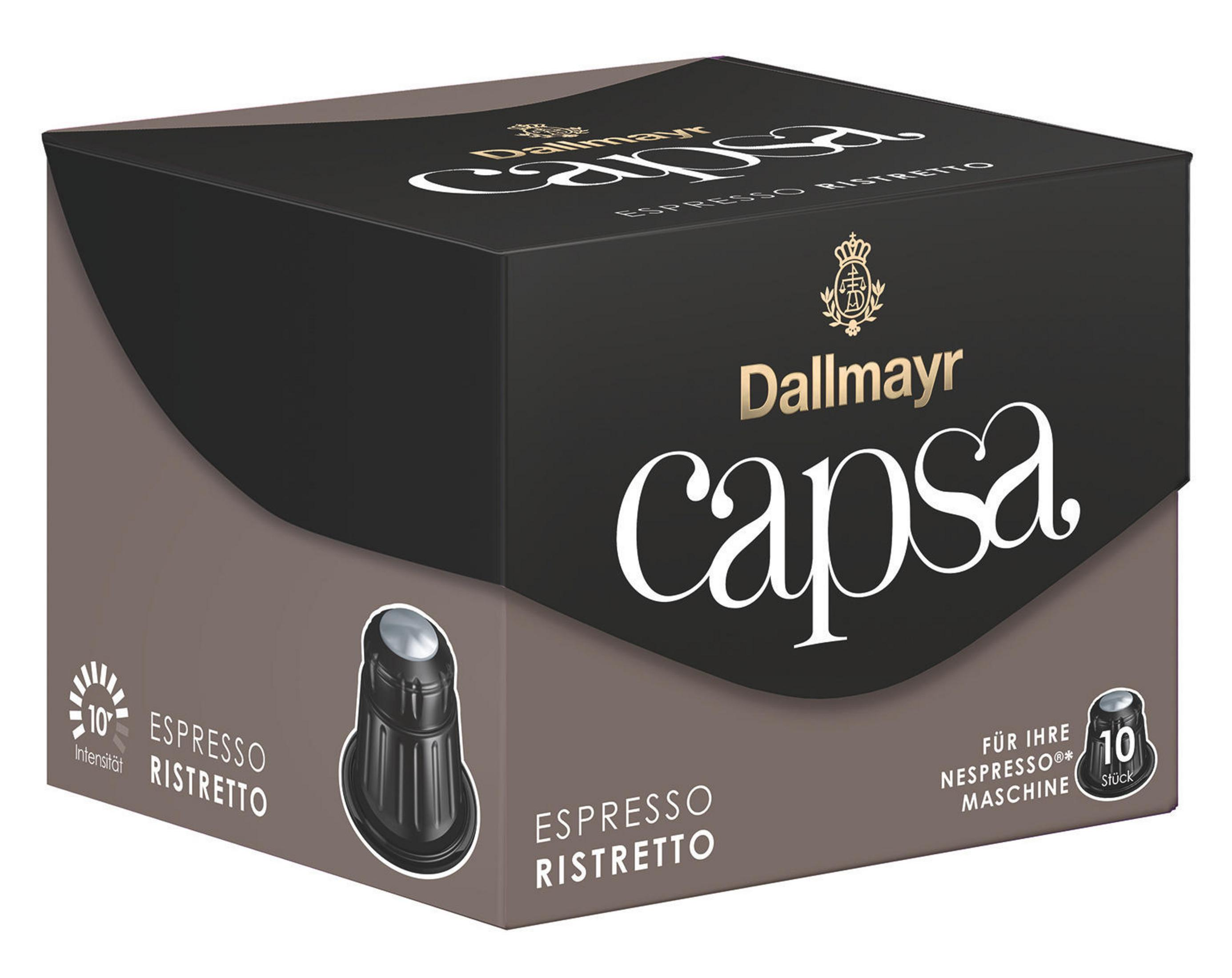 Dallmayr Capa Espresso Ristretto Box und Kapsel. Die Box ist braun mit goldenem Logo und weißem Text auf weißem Hintergrund.