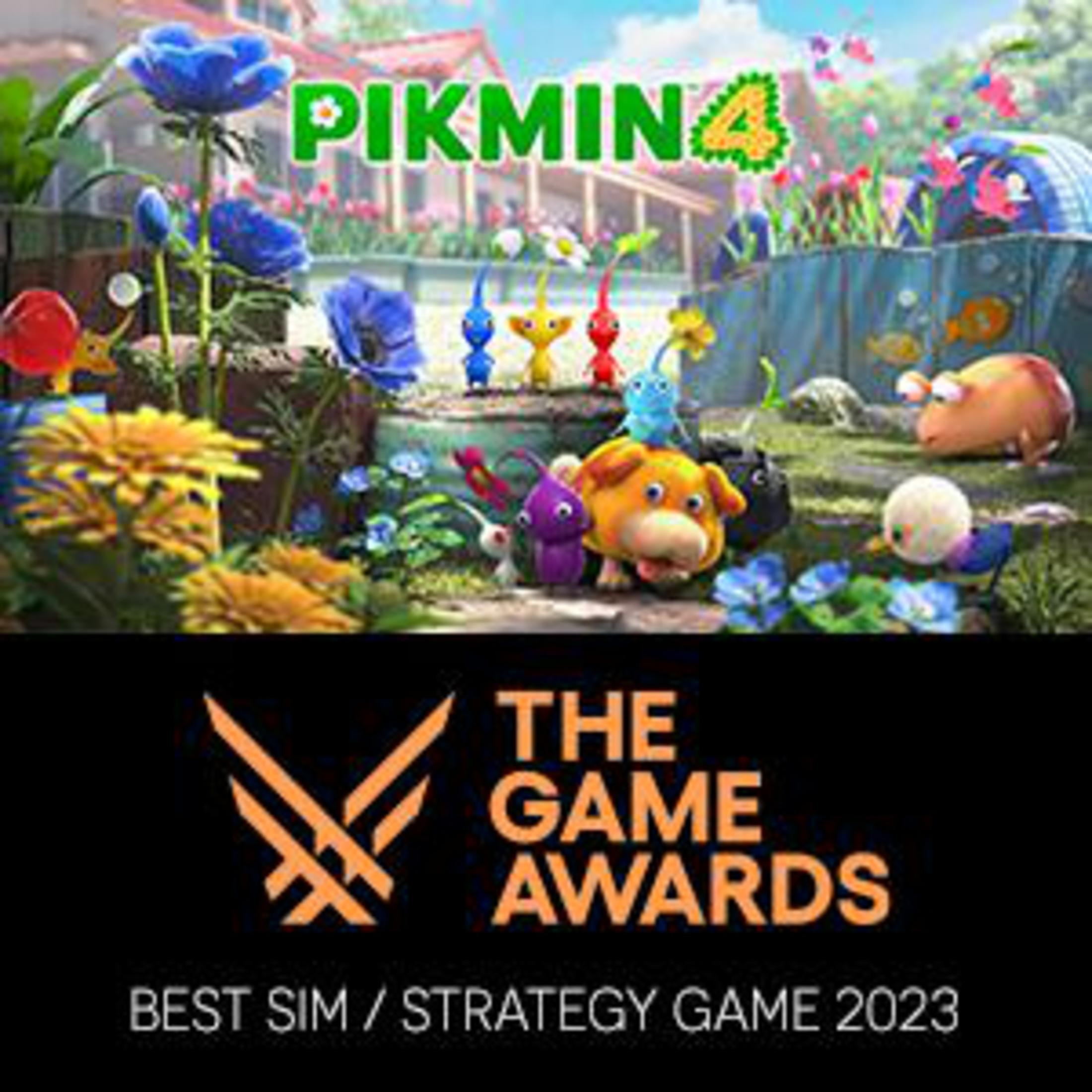 Pikmin 4, galardonado como mejor juego de simulación/estrategia, presenta personajes de Pikmin y una criatura parecida a un perro en un jardín.