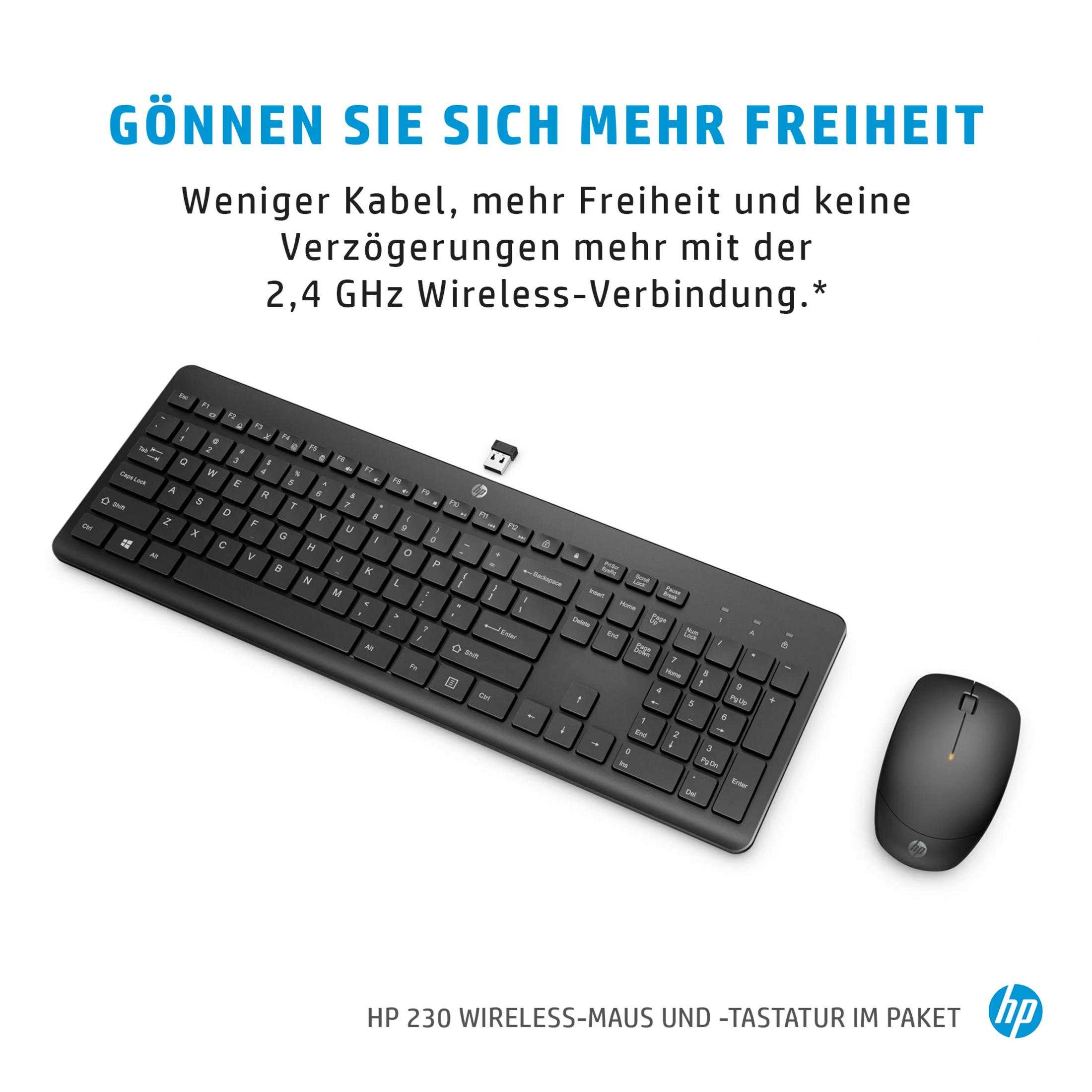 Schwarzes Tastatur- und Maus-Set. Die Tastatur hat ein vollständiges Layout und die Maus befindet sich rechts.