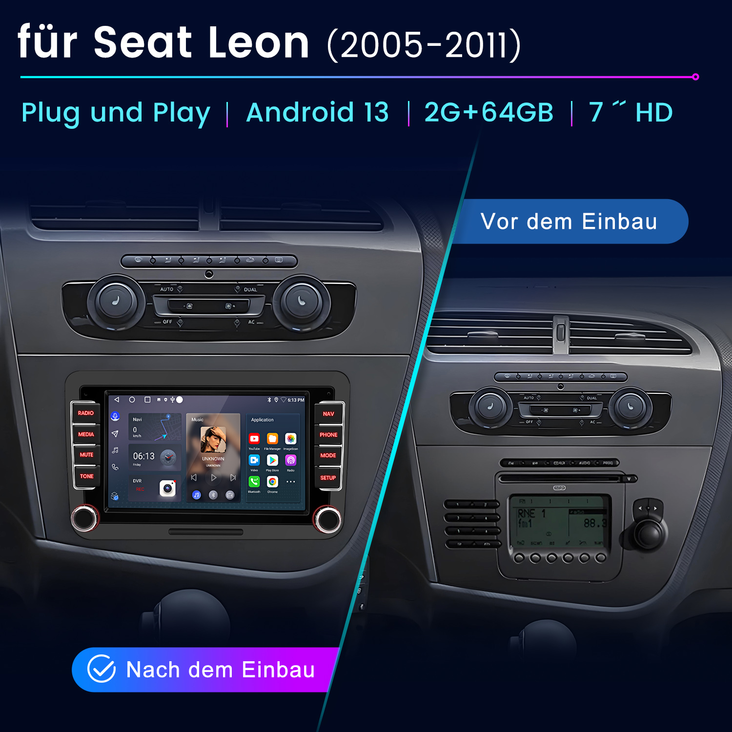 Porównanie samochodowego systemu informacyjno-rozrywkowego pokazujące przed i po instalacji w Seacie Leonie (2005-2011).