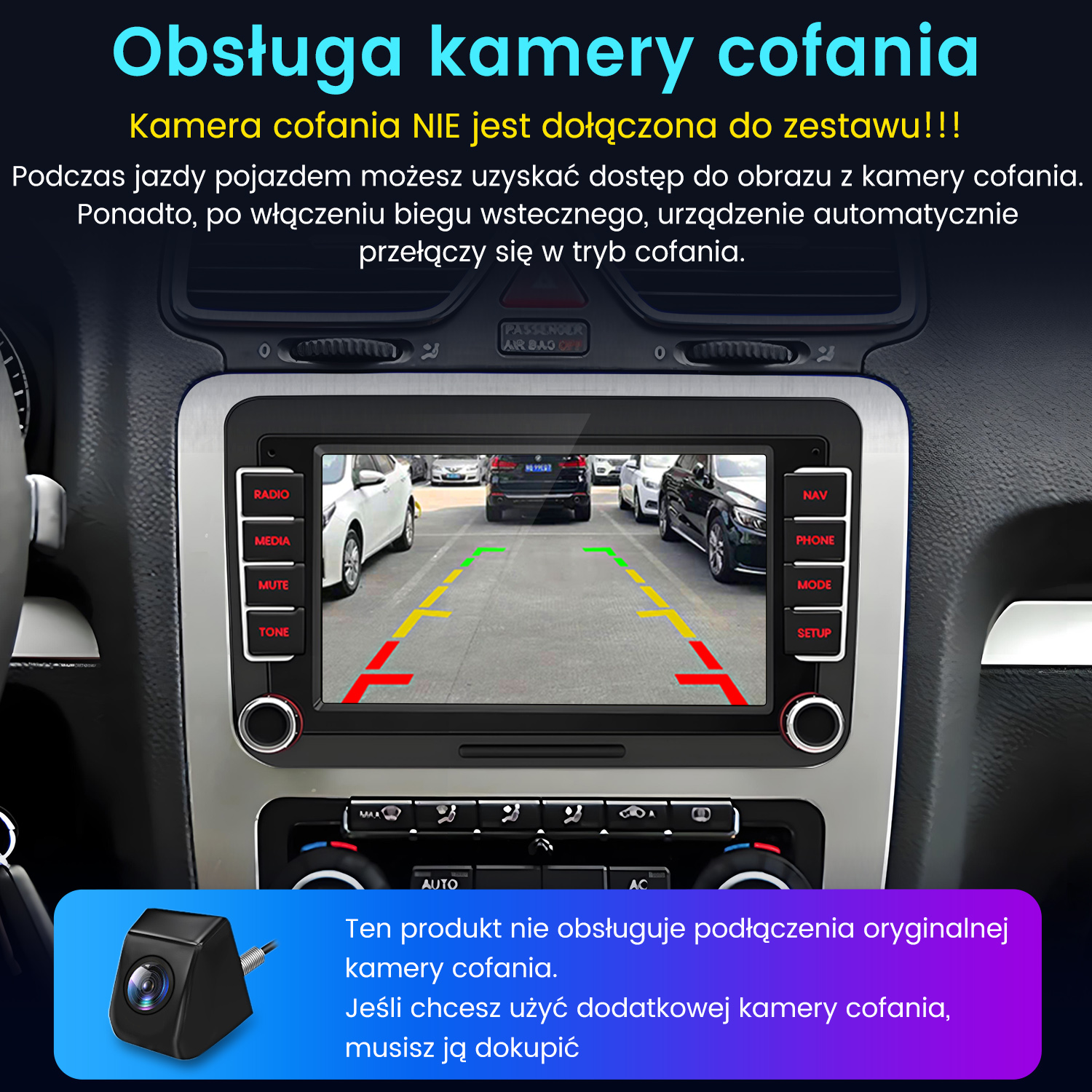 Samochodowy system informacyjno-rozrywkowy wyświetlający widok z kamery cofania z liniami pomocniczymi parkowania i widocznym otoczeniem z tyłu.