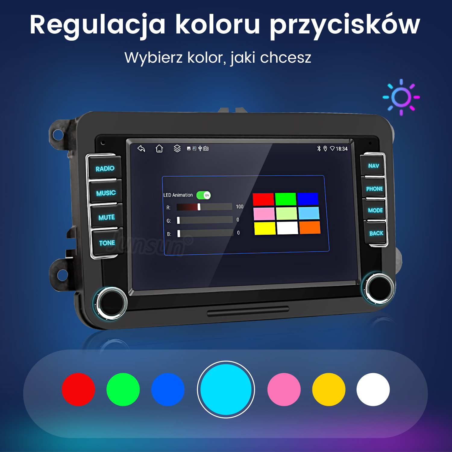 Samochodowy system informacyjno-rozrywkowy z konfigurowalnymi kolorami przycisków, prezentujący interfejs wyboru kolorów na wyświetlaczu.