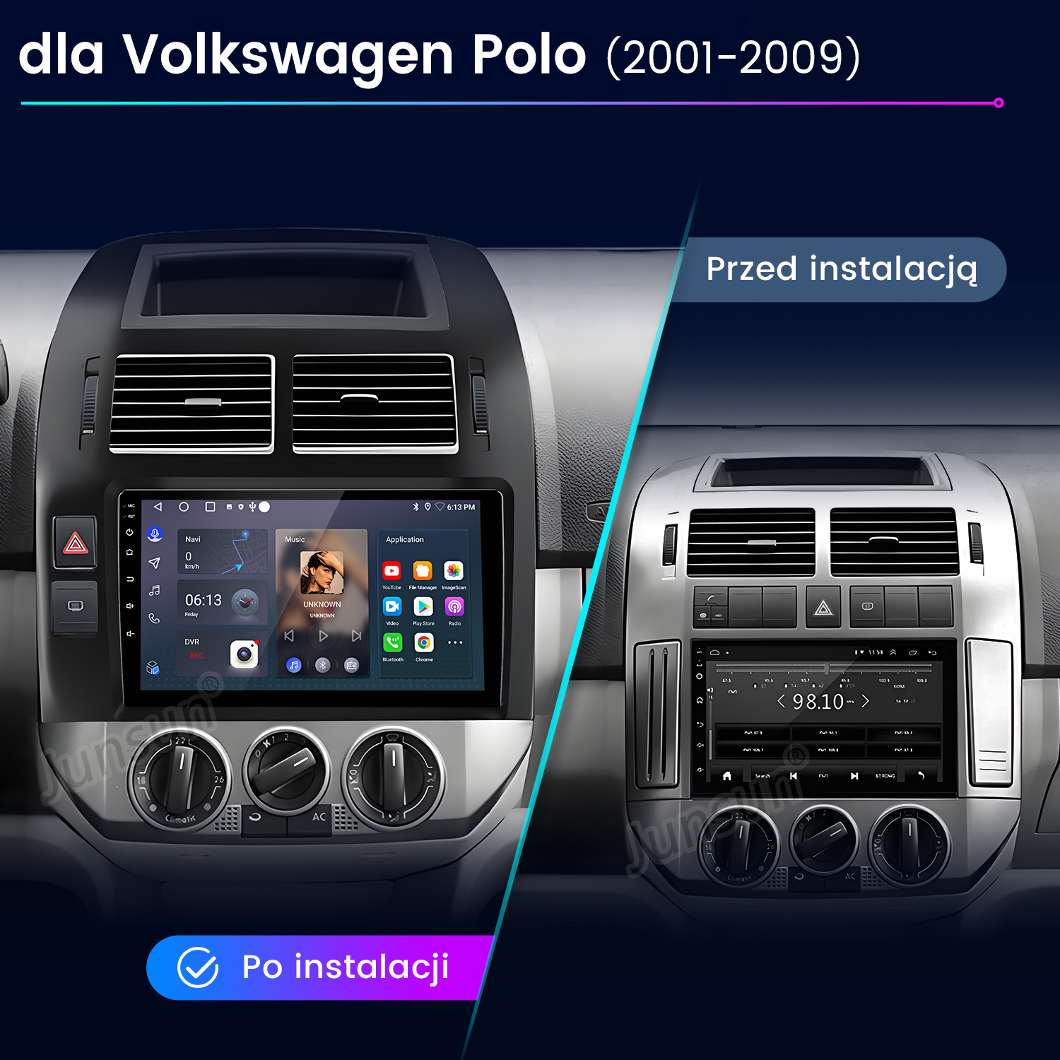 Deska rozdzielcza samochodu prezentująca instalację nowego systemu stereo z nowoczesnym ekranem dotykowym przed i po instalacji.