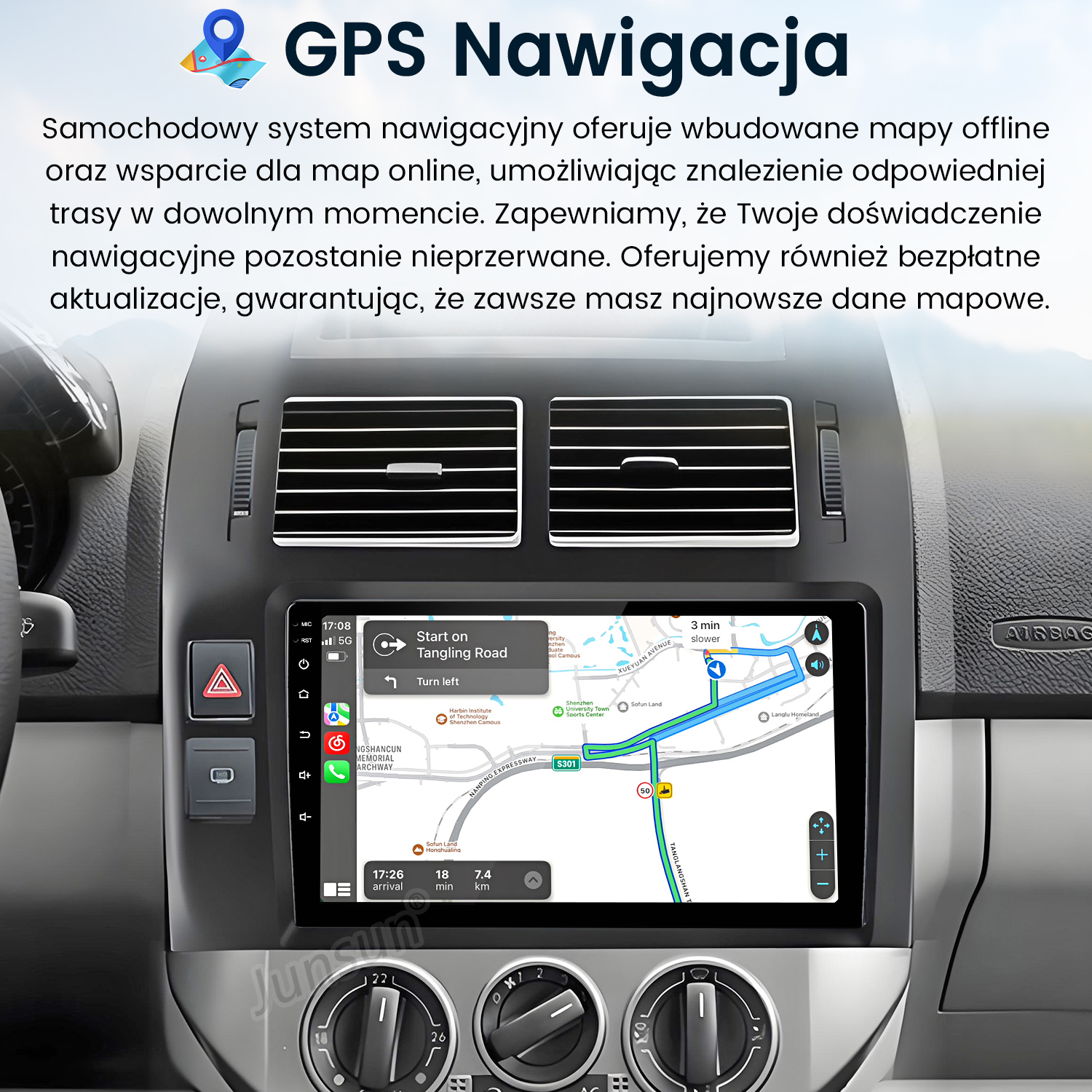 System nawigacji samochodowej wyświetlający mapę GPS na ekranie dotykowym, zintegrowany z deską rozdzielczą samochodu.