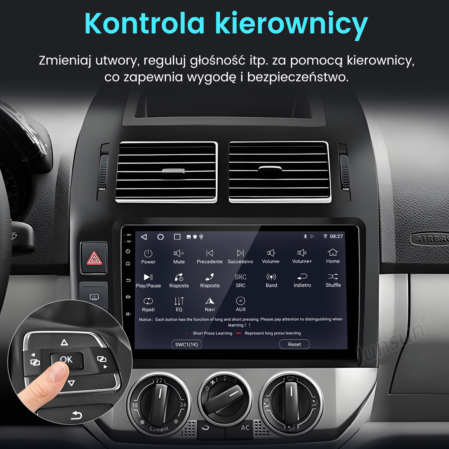 Deska rozdzielcza samochodu z ekranem dotykowym pokazującym elementy sterujące multimediami i ręką regulującą ustawienia na kierownicy.