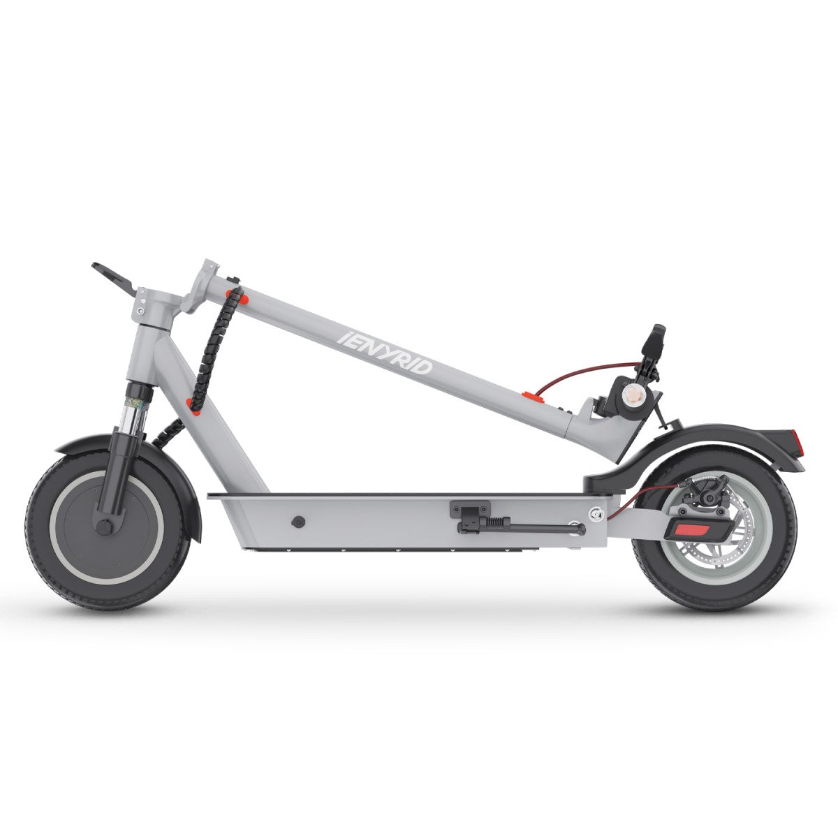 Un monopattino elettrico grigio è mostrato di lato, con ruote nere e un design elegante e minimalista.