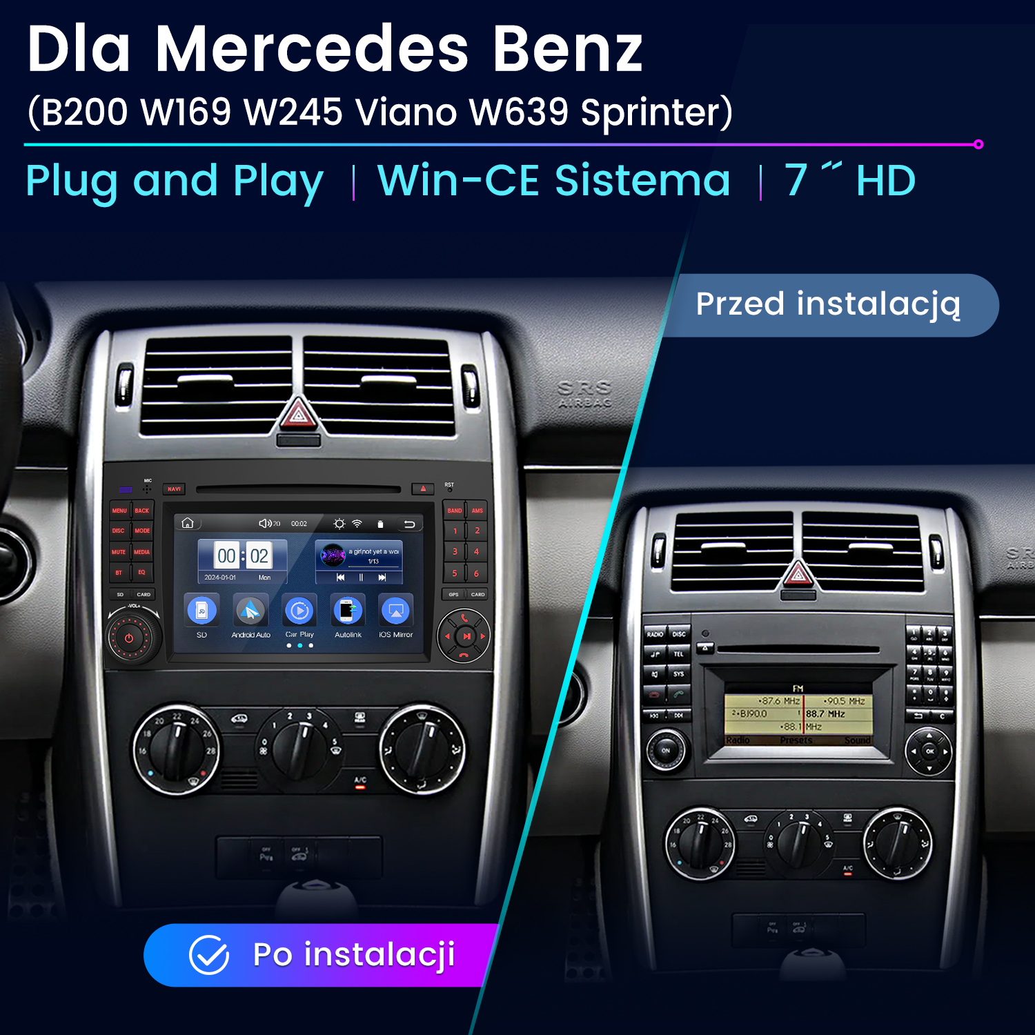 Porównanie systemów stereo w samochodzie, przed i po instalacji, w desce rozdzielczej Mercedesa Benza.