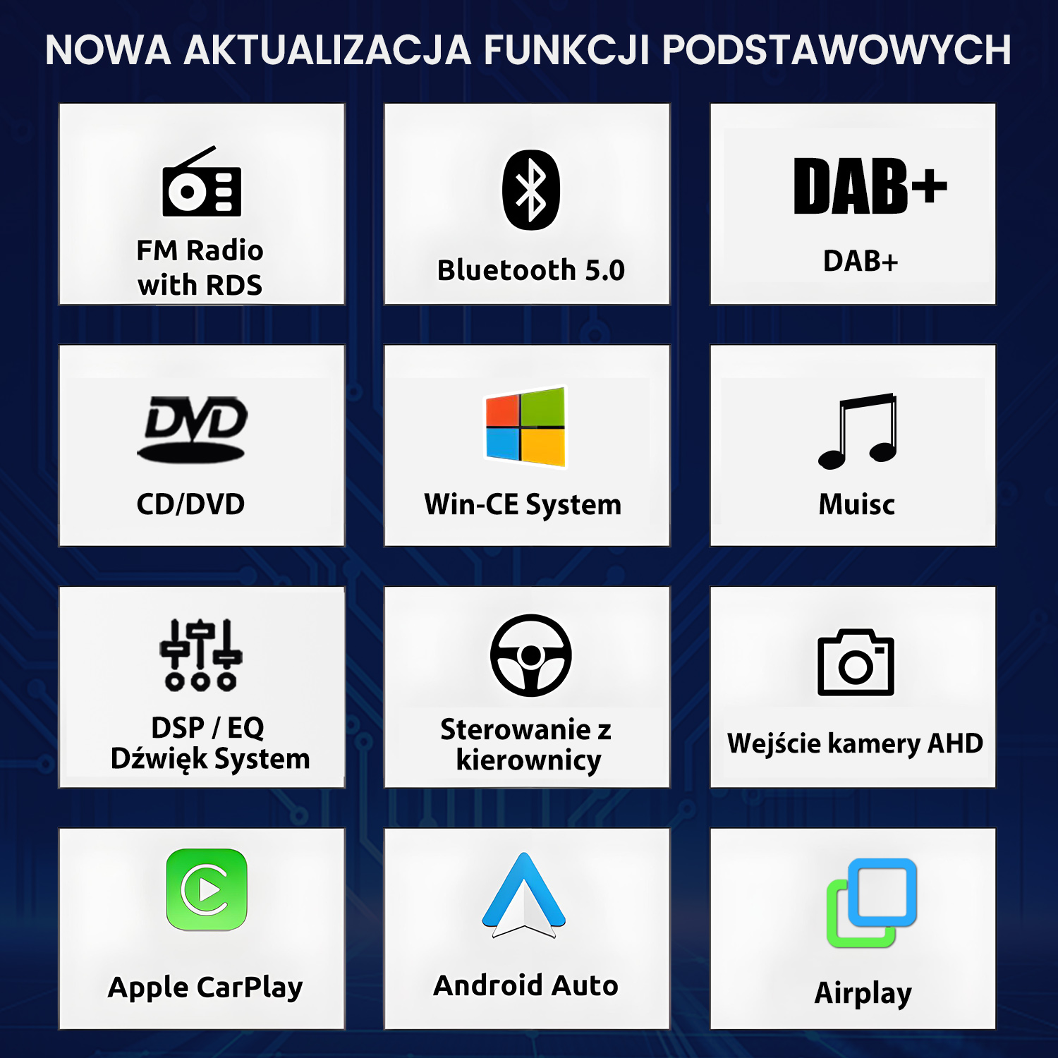 Zbiór ikon reprezentujących funkcje samochodowego systemu audio, w tym radio FM, Bluetooth, DAB+ i Apple CarPlay.