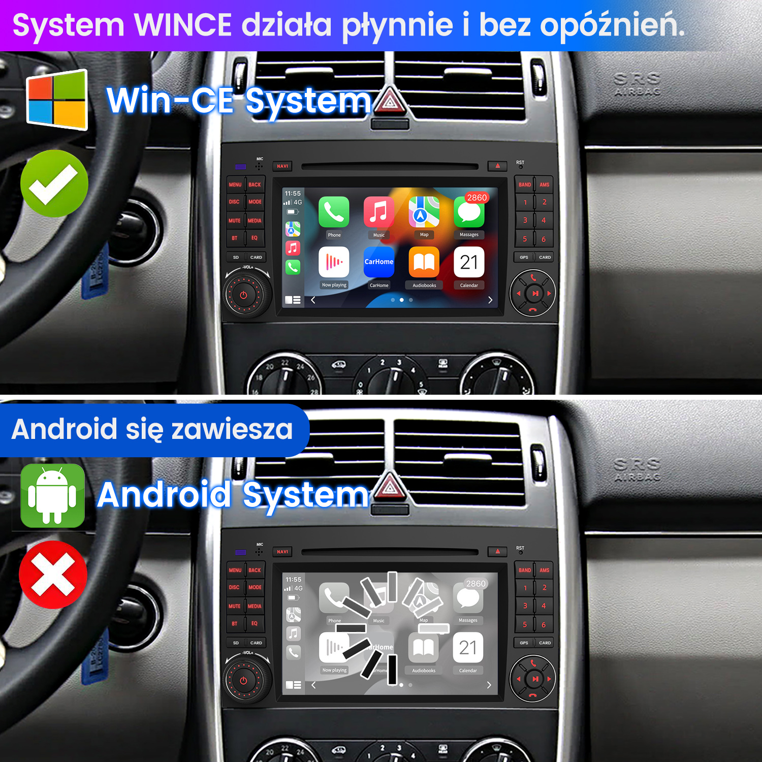 Wyświetlacz samochodowy pokazujący systemy Win-CE i Android, z ikonami aplikacji i szczegółami deski rozdzielczej.