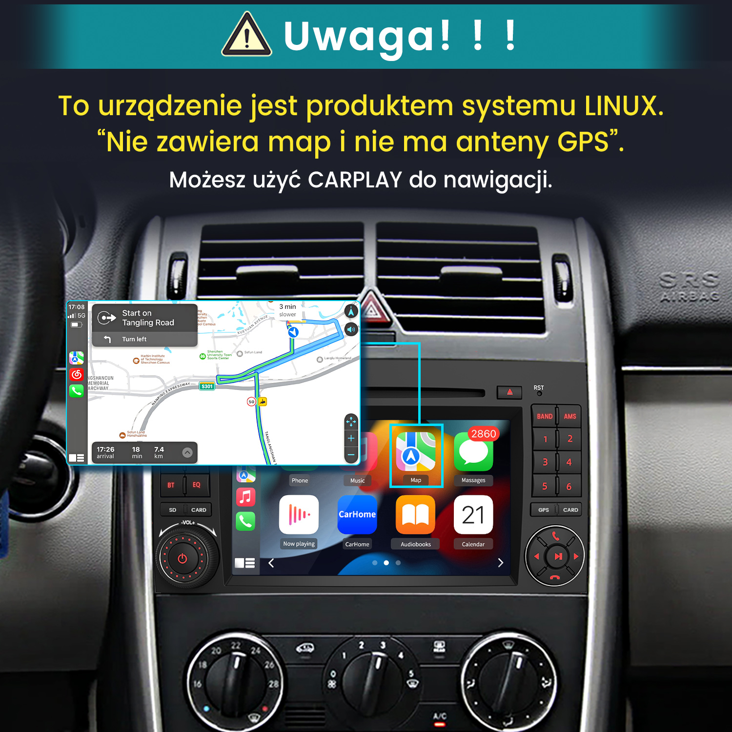 Wyświetlacz samochodowy pokazujący aplikację nawigacyjną, ze szczegółami deski rozdzielczej i znakiem ostrzegawczym powyżej.