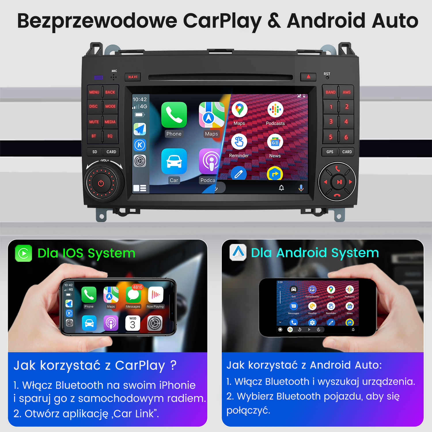 Wyświetlacz samochodowy pokazujący interfejsy CarPlay i Android Auto z ikonami aplikacji i instrukcjami konfiguracji.