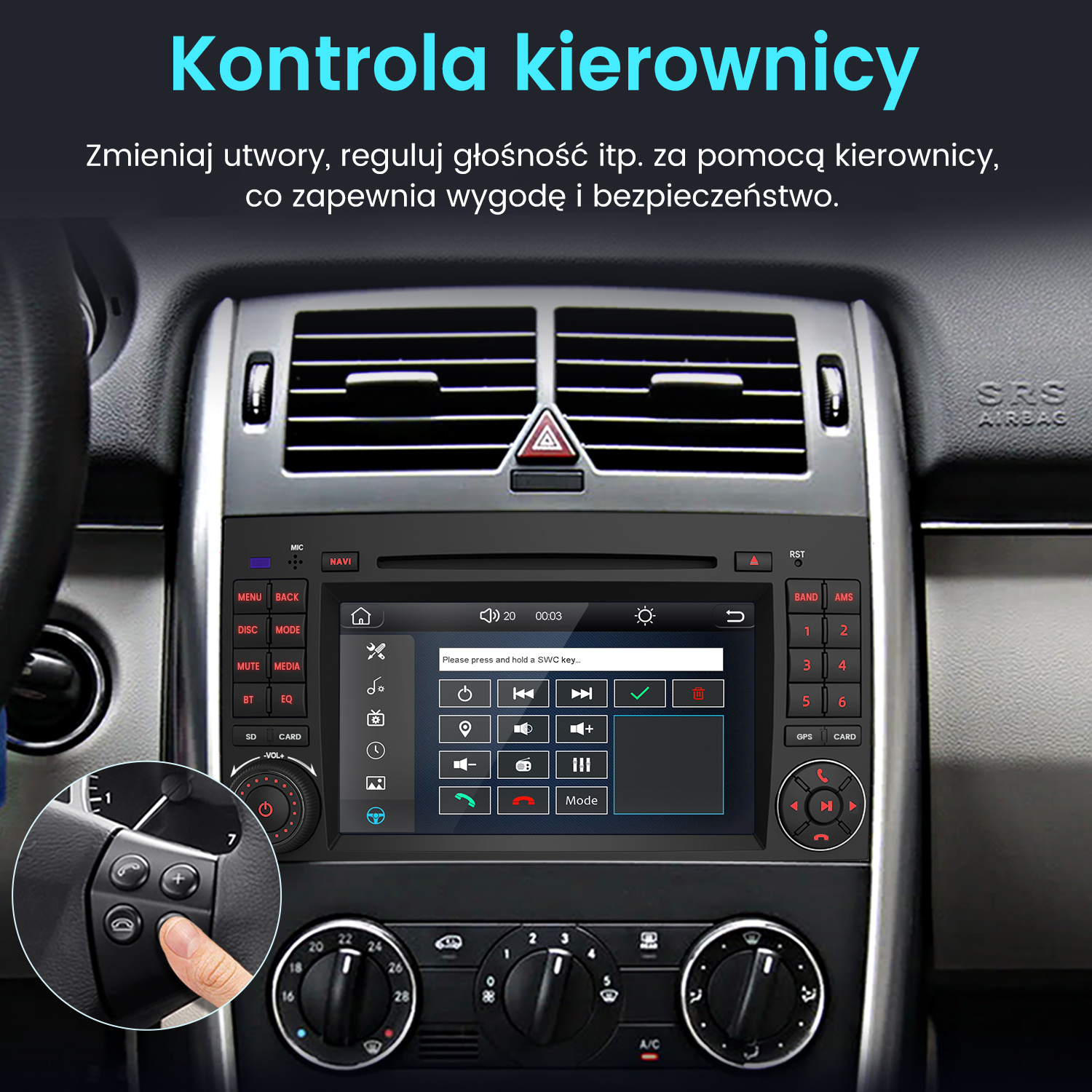 Wyświetlacz samochodowy pokazujący sterowanie z kierownicy, ze szczegółami deski rozdzielczej i ręką dostosowującą ustawienia.