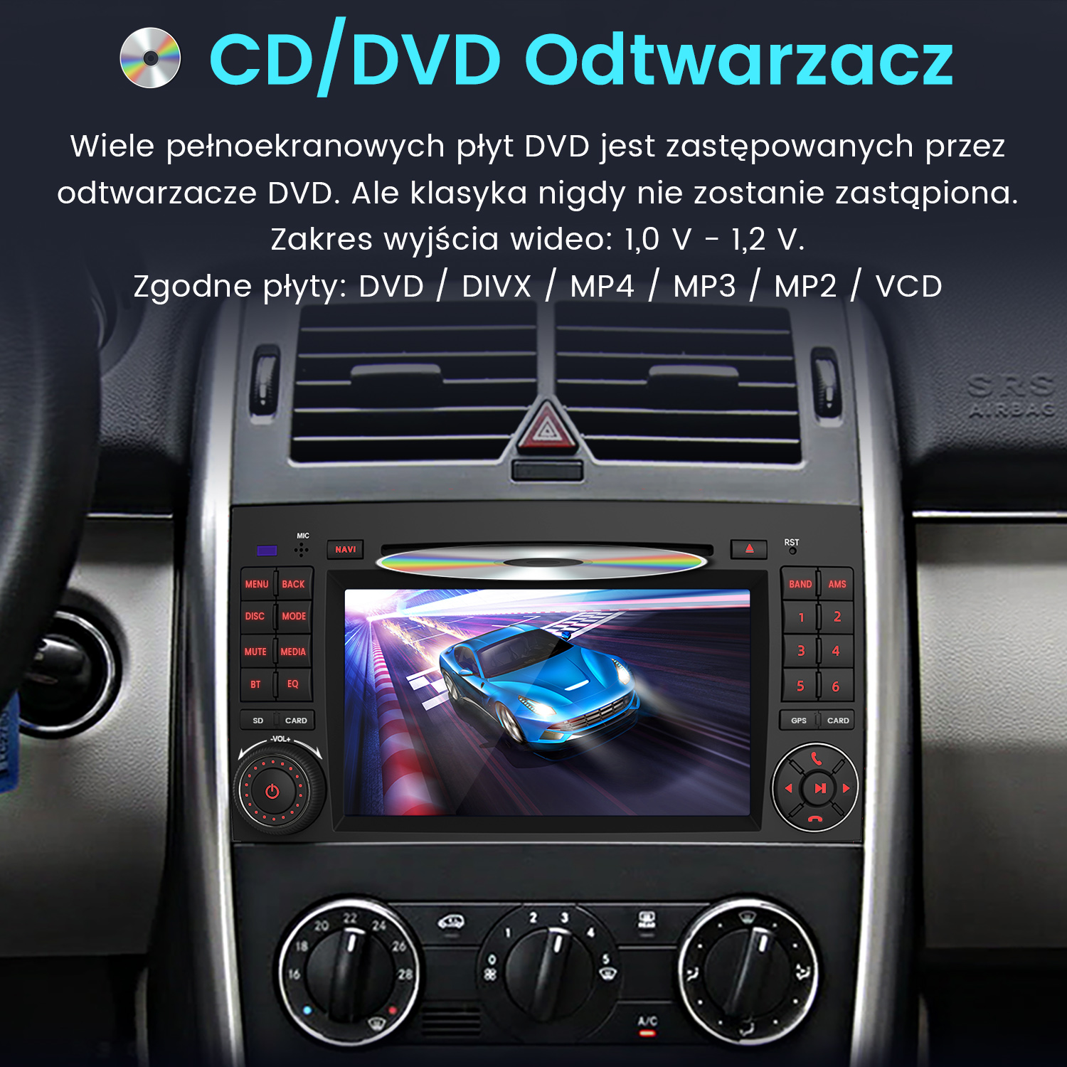 Wyświetlacz samochodowy pokazujący interfejs odtwarzacza CD/DVD, ze szczegółami deski rozdzielczej i obsługą formatów multimedialnych.