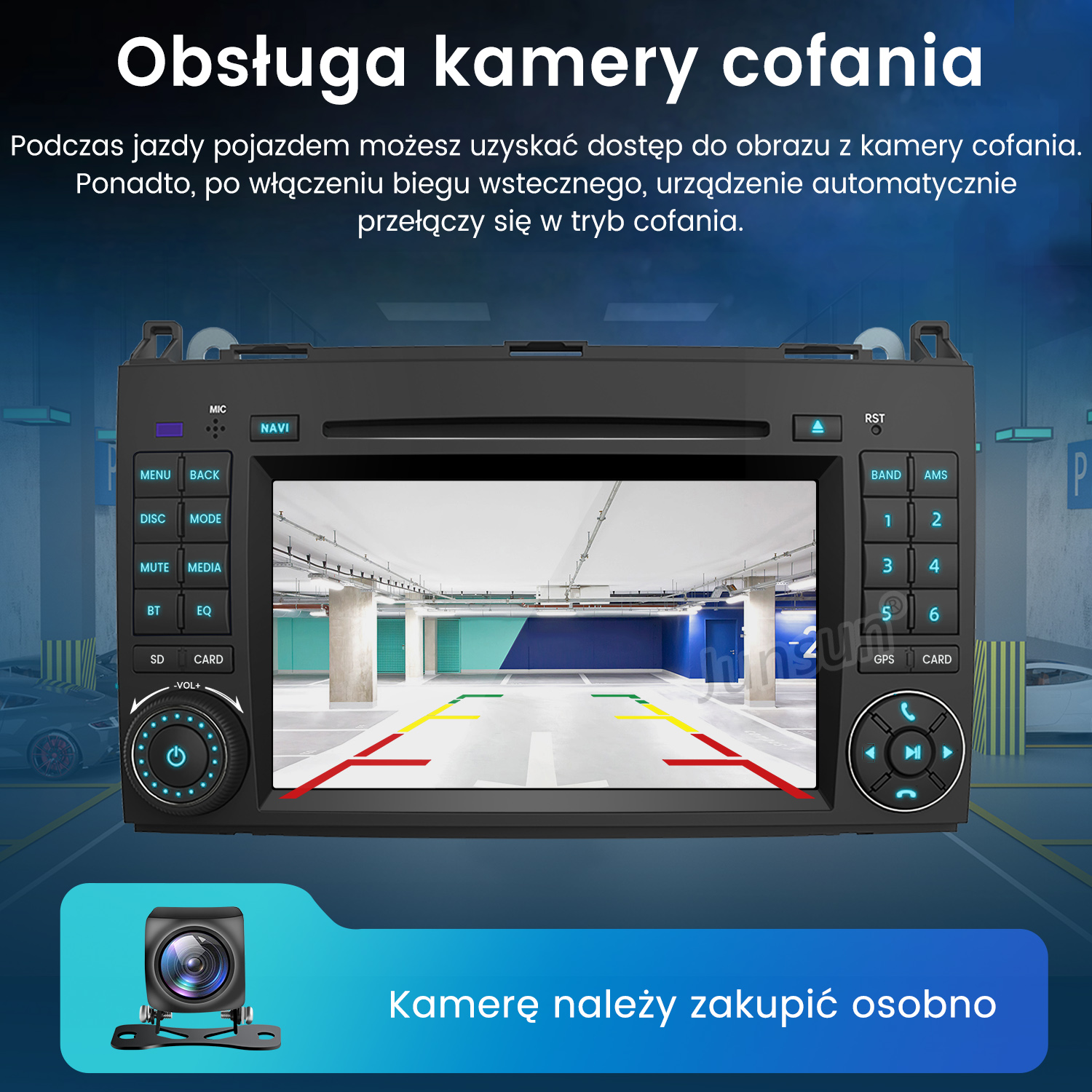 Wyświetlacz samochodowy pokazujący widok z kamery cofania, ze szczegółami parkingu i rozmieszczeniem kamery.