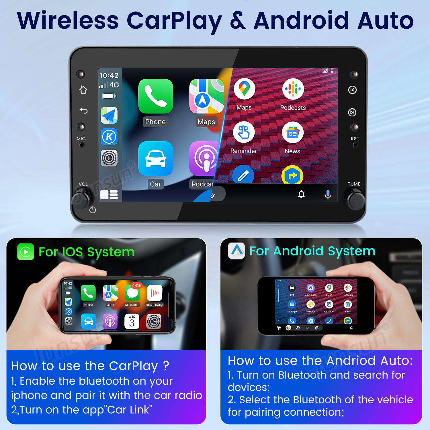 Wyświetlacz samochodowy pokazujący interfejsy CarPlay i Android Auto z ikonami aplikacji i instrukcjami połączenia.