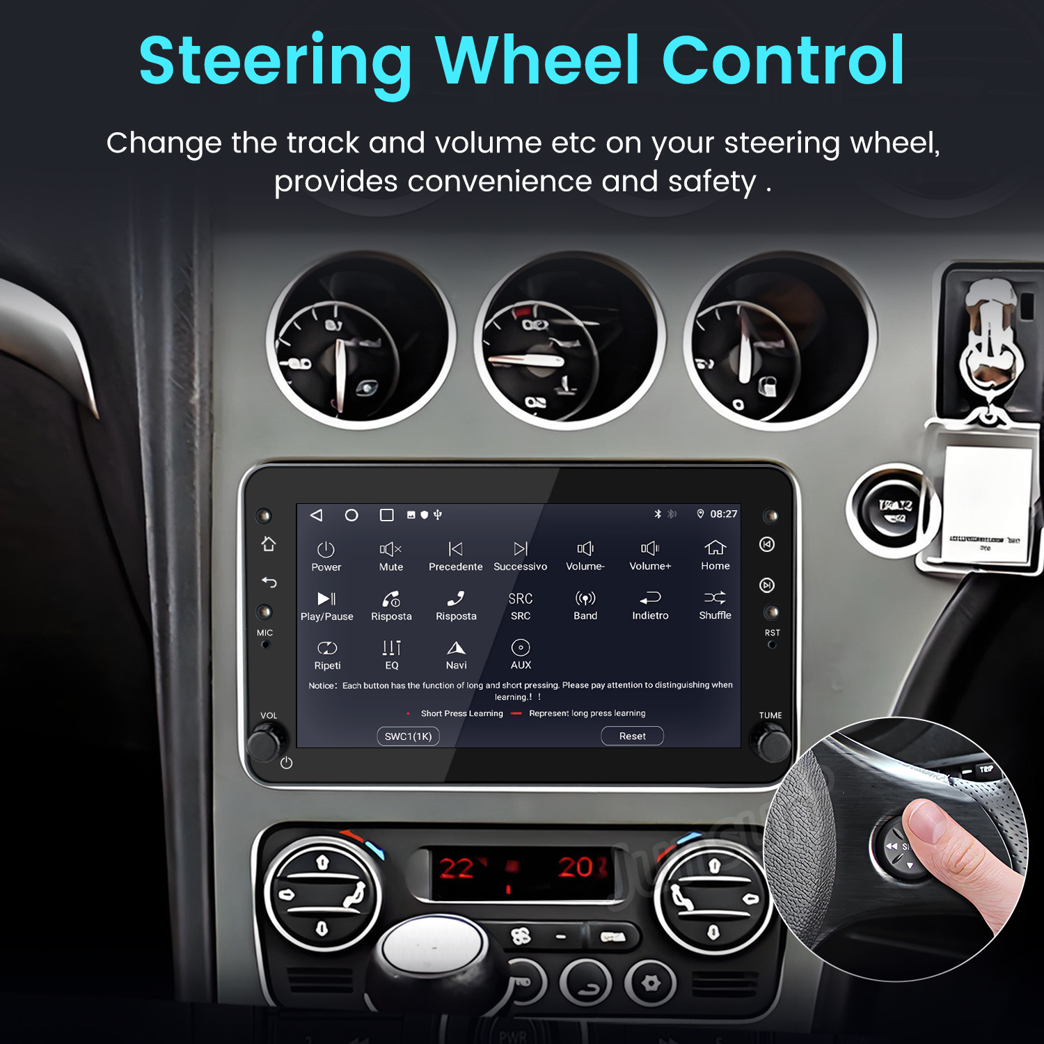 Deska rozdzielcza samochodu z systemem multimedialnym pokazującym funkcje sterowania z kierownicy.