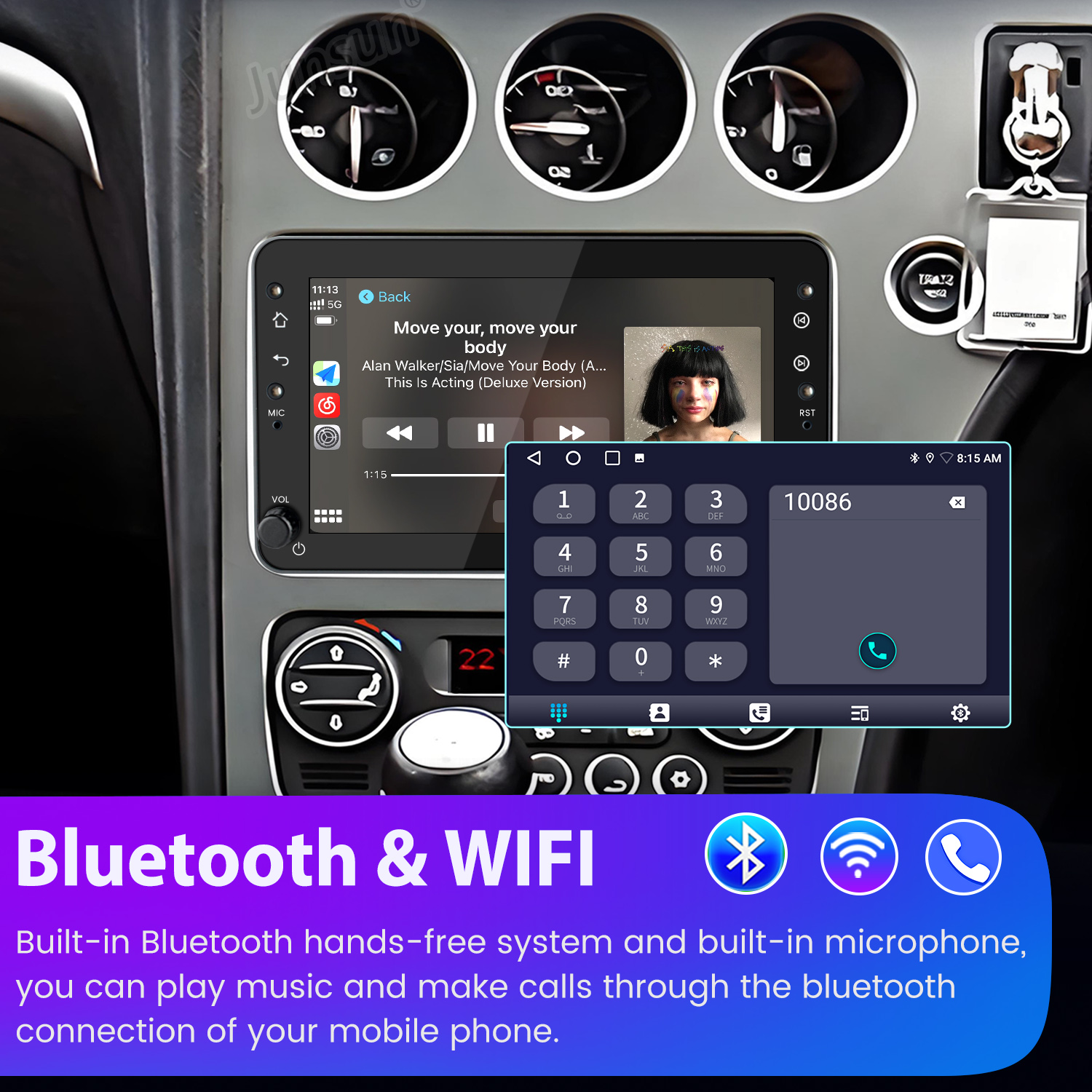 Deska rozdzielcza samochodu z systemem multimedialnym, pokazująca łączność Bluetooth i WiFi z interfejsami muzyki i telefonu.