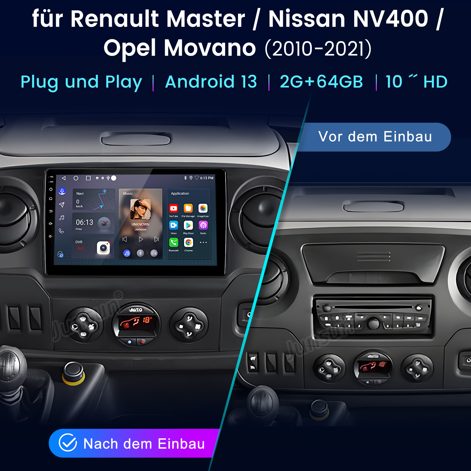 Deska rozdzielcza samochodu z dużym ekranem, przyciskami i tekstem. Dwa ekrany, jeden przed i po instalacji.