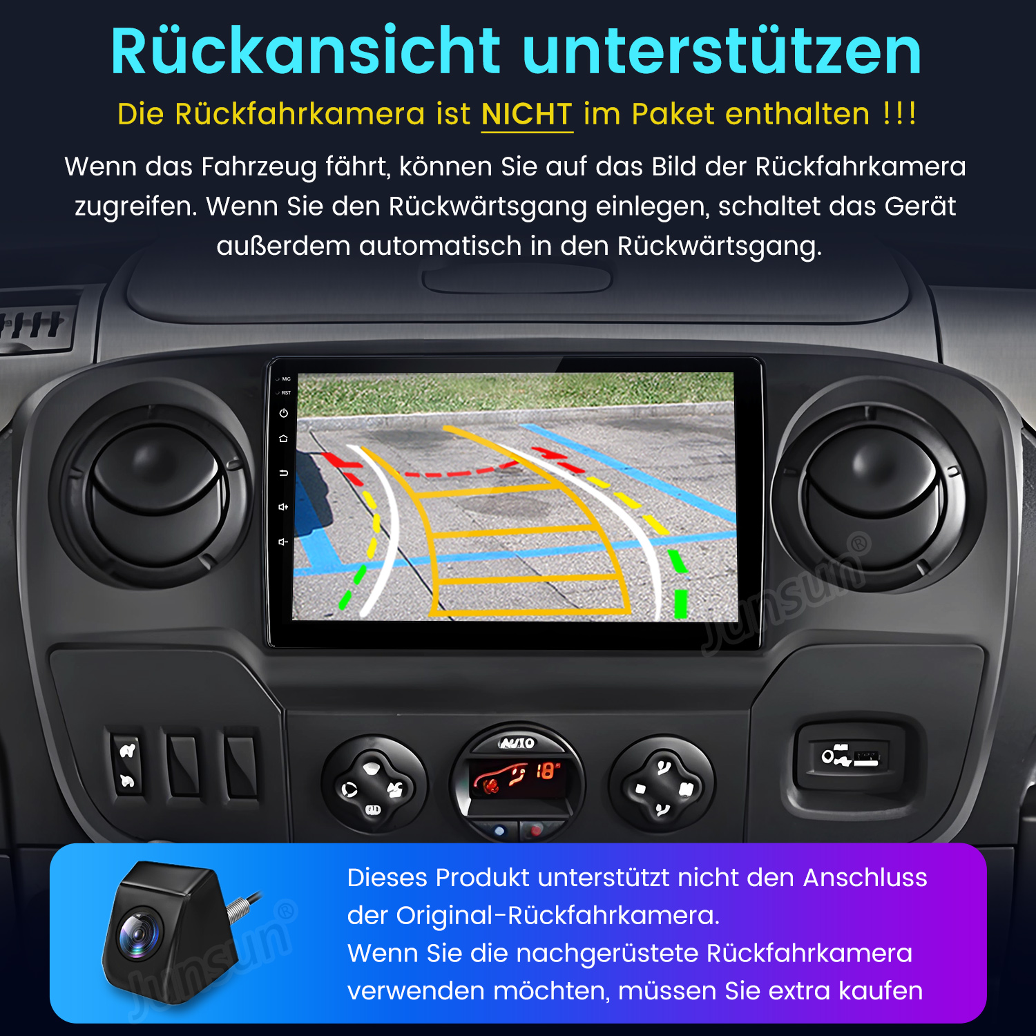 Deska rozdzielcza samochodu pokazująca widok z kamery cofania. Tekst wskazuje, że kamera nie jest dołączona.