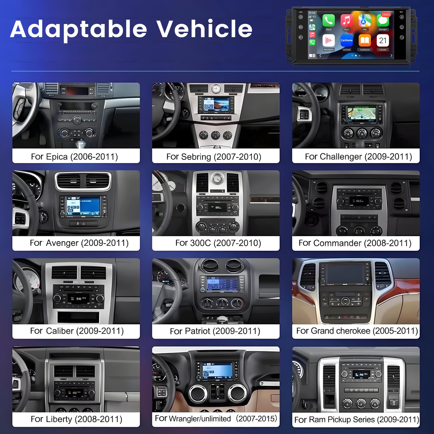 Siatka desek rozdzielczych samochodów. Każda z nich pokazuje deskę rozdzielczą innego modelu samochodu, z różnymi wyświetlaczami.