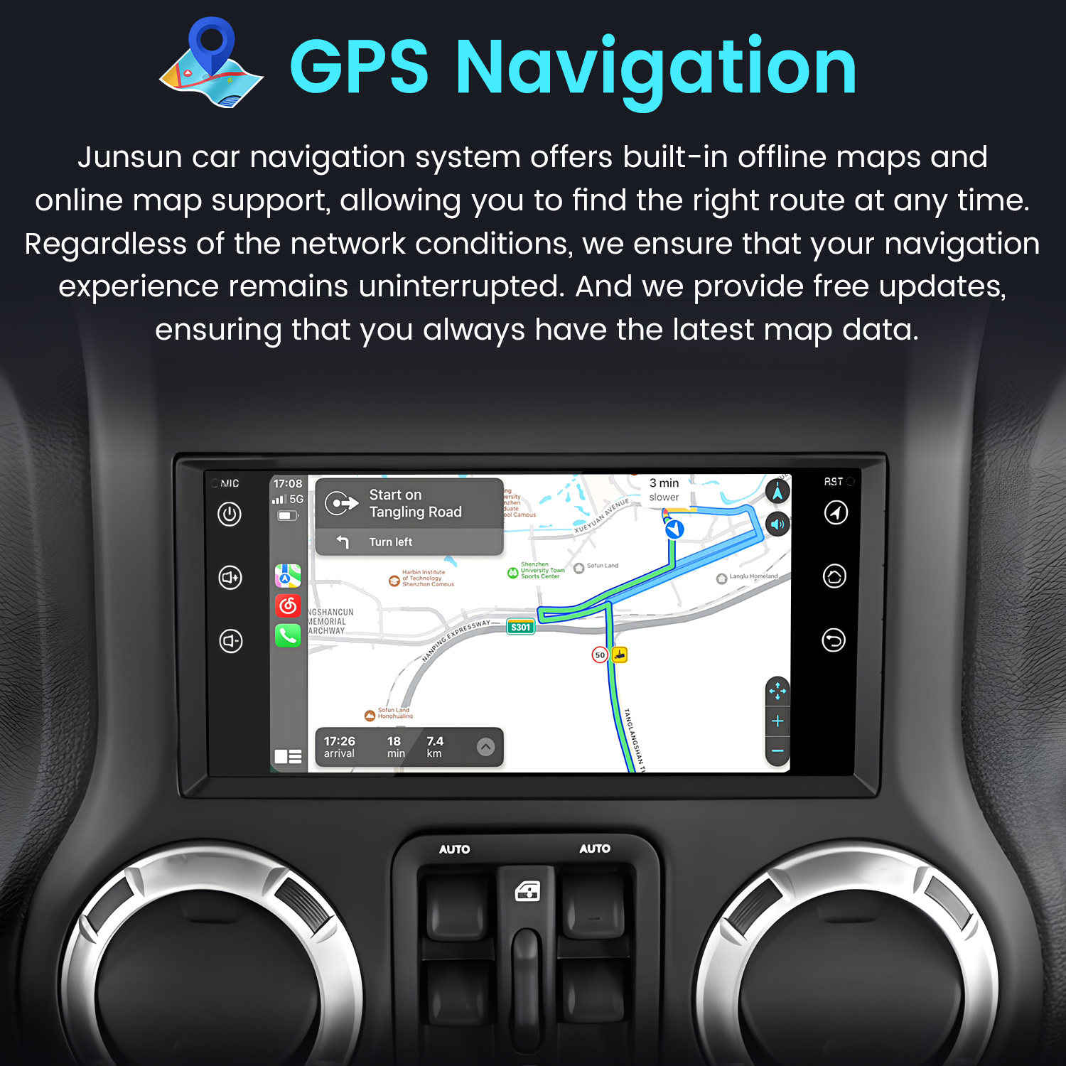 Deska rozdzielcza samochodu z ekranem nawigacji GPS pokazującym mapę. Ekran wyświetla wskazówki i trasę.
