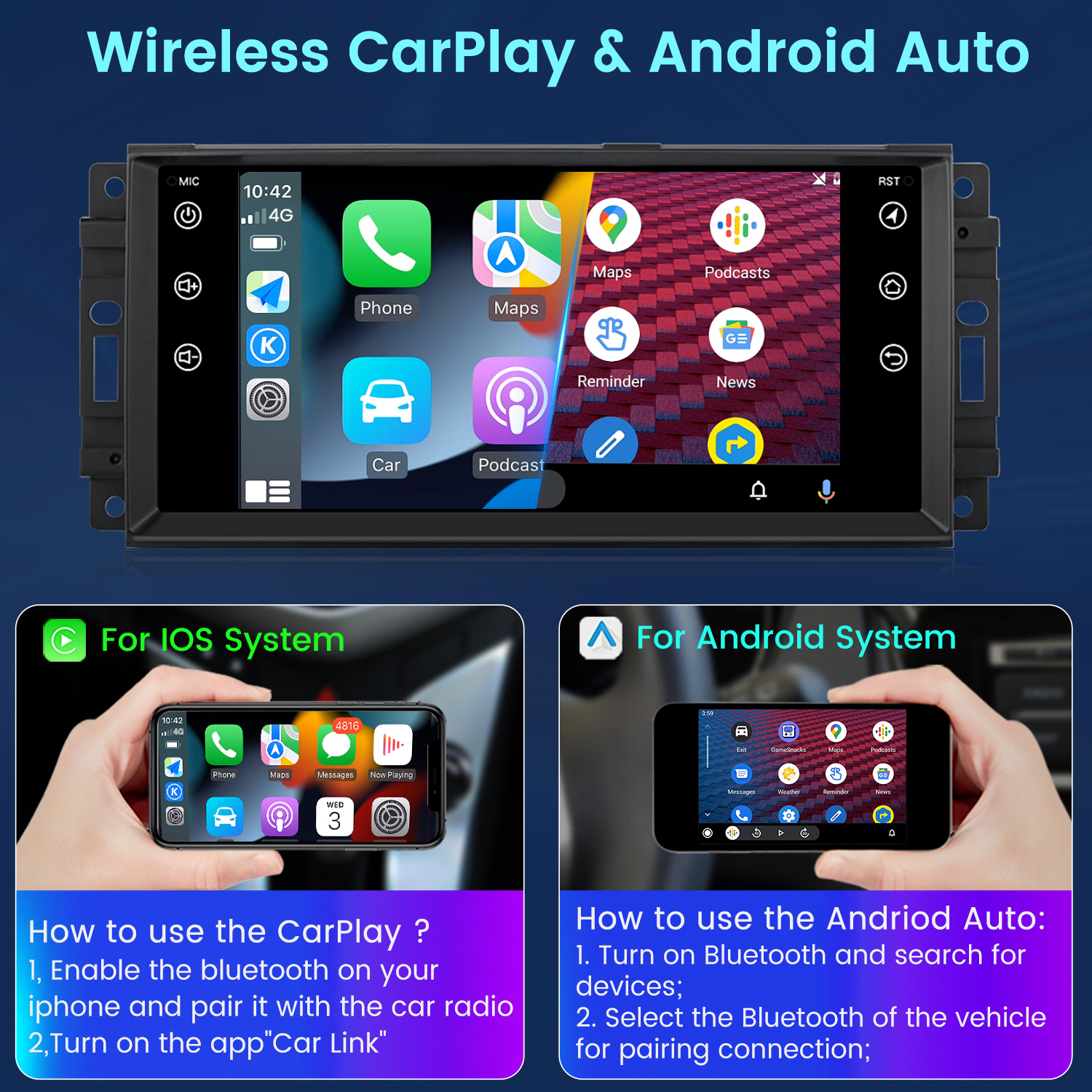 Ekran deski rozdzielczej samochodu pokazujący bezprzewodowe CarPlay i Android Auto. Wyświetla ikony telefonu, map i podcastów.