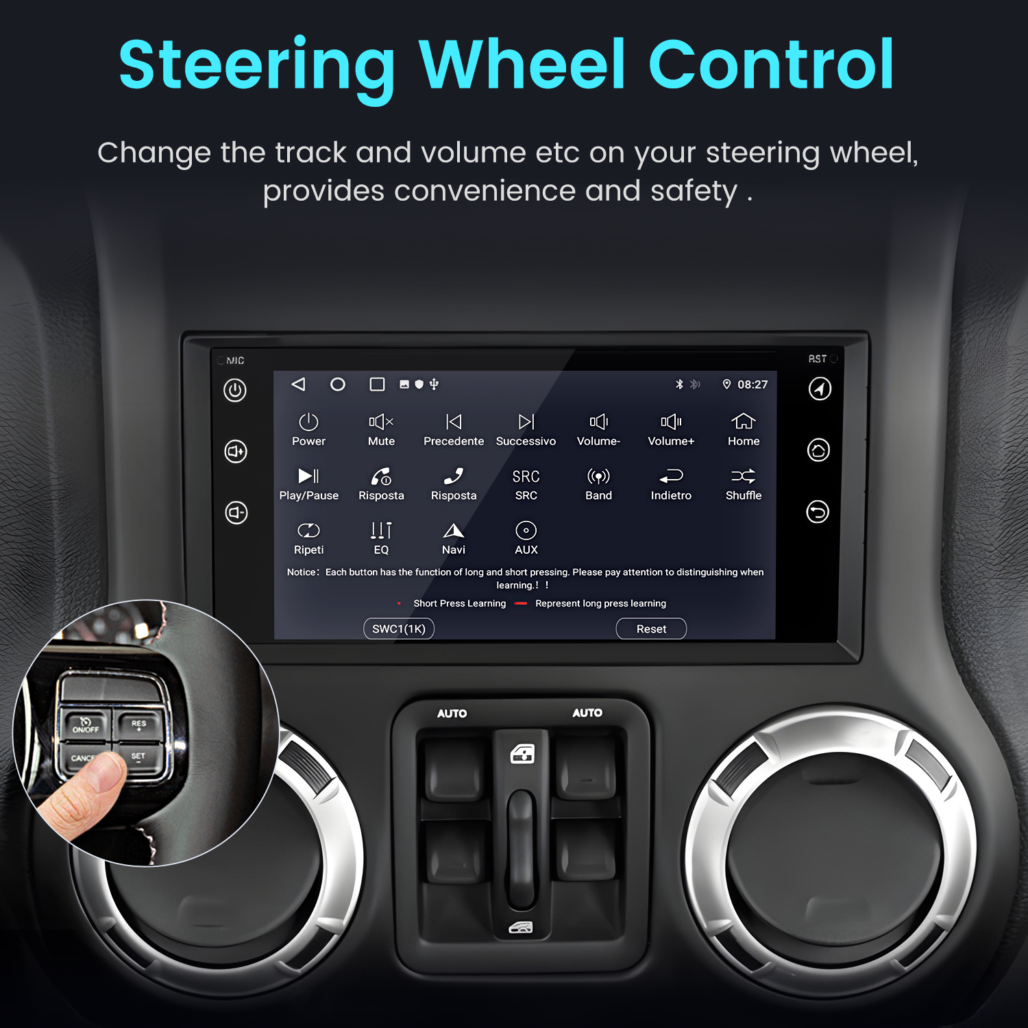 Ekran deski rozdzielczej samochodu pokazujący opcje sterowania kierownicą. Przyciski i ikony wyświetlają różne funkcje.