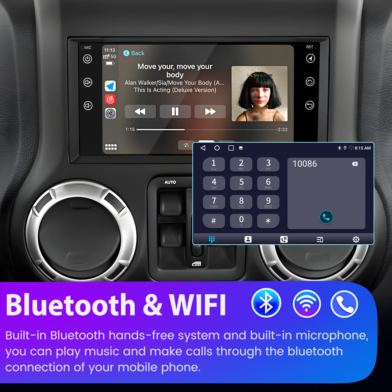 Ekran deski rozdzielczej samochodu pokazujący funkcje Bluetooth i WiFi. Wyświetla ekran połączenia telefonicznego i odtwarzacz muzyki.