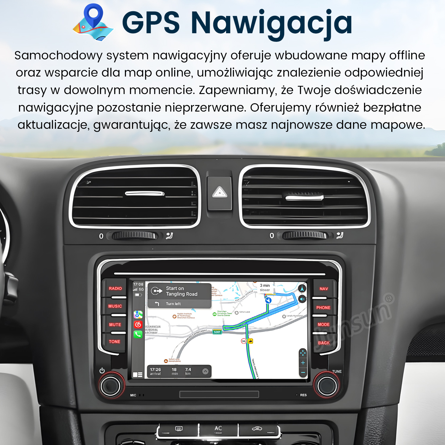 Deska rozdzielcza samochodu z samochodowym systemem audio z rynku wtórnego, wyświetlająca nawigację GPS z interfejsem mapy na ekranie dotykowym.