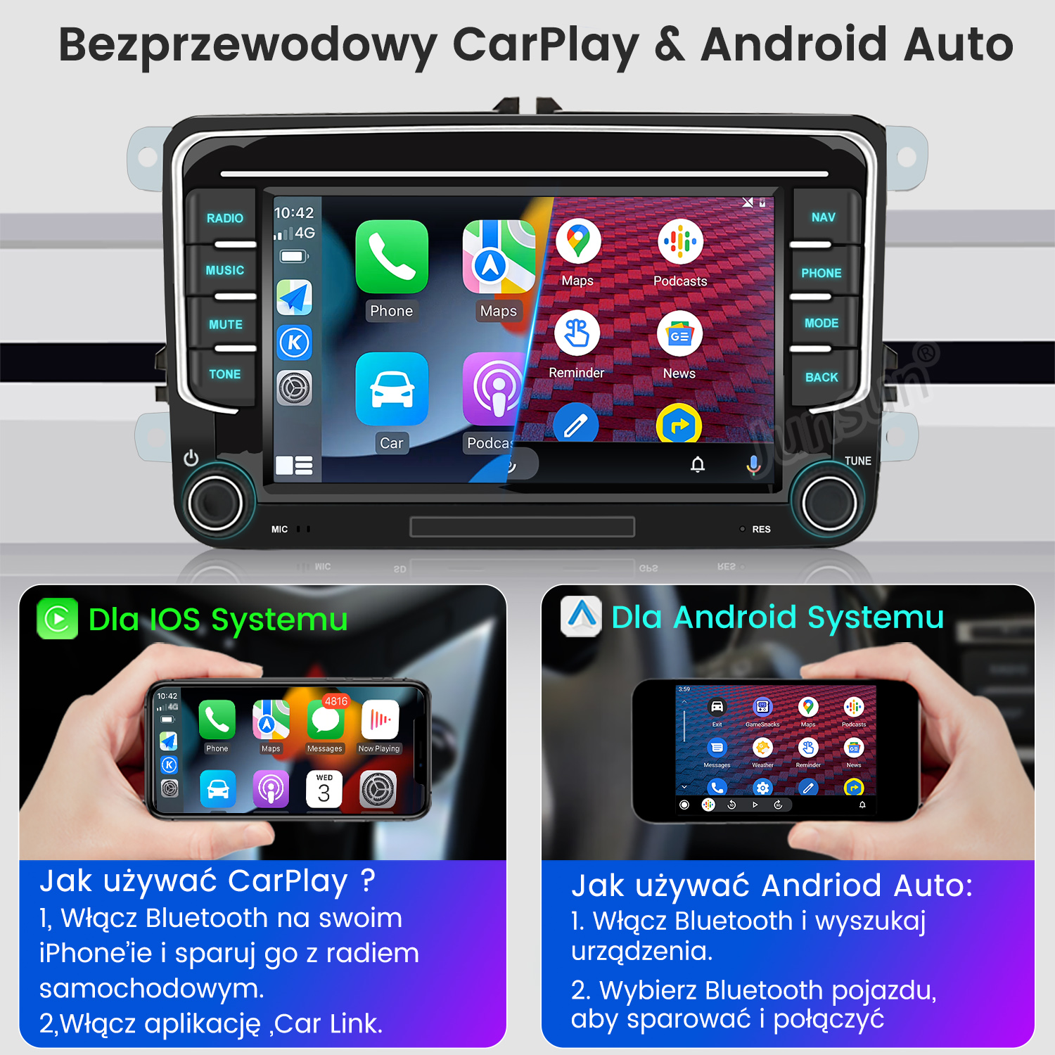 Samochodowy system audio z bezprzewodową łącznością CarPlay i Android Auto, wyświetlający instrukcje interfejsu iOS i Android.