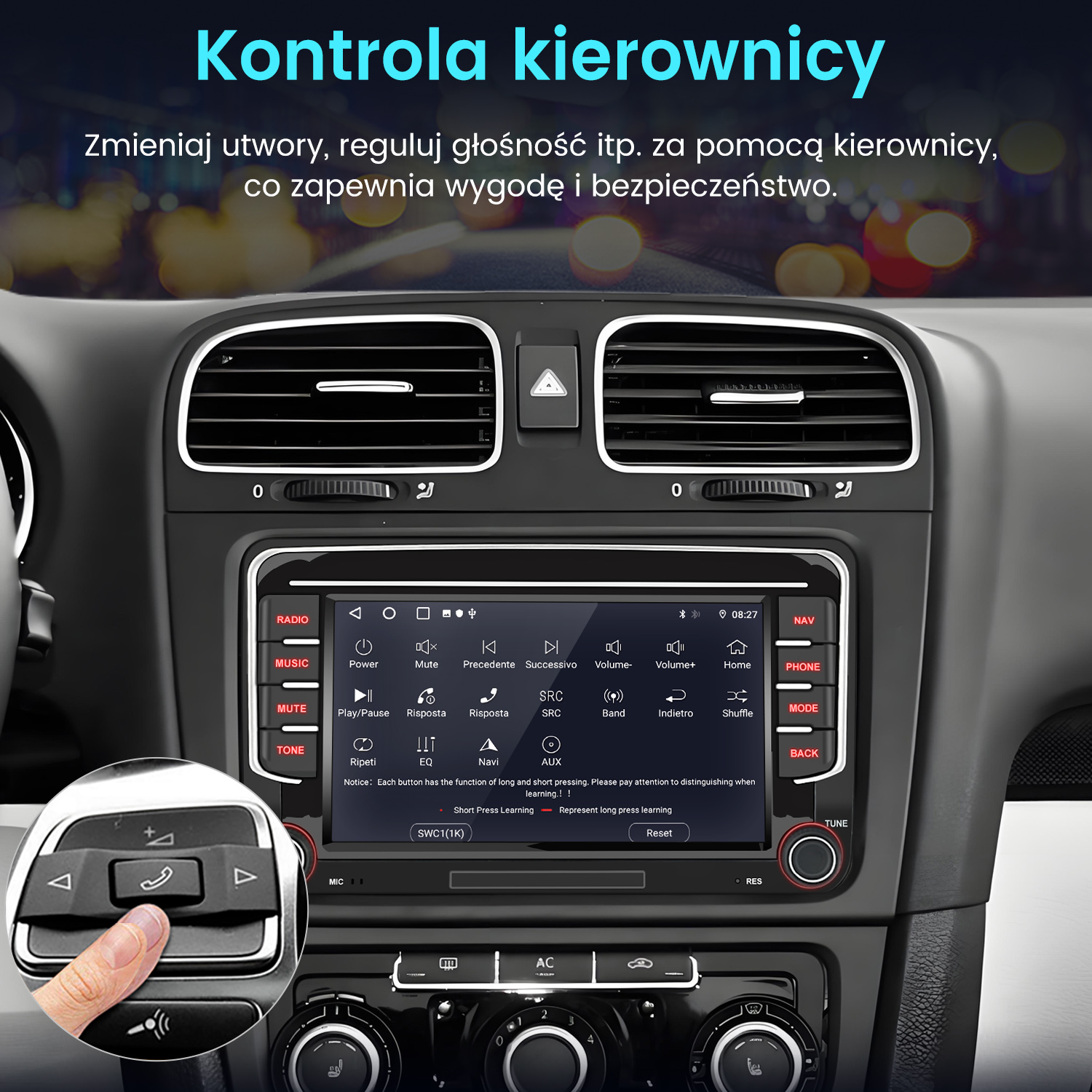 Deska rozdzielcza samochodu z samochodowym systemem audio z rynku wtórnego, wyświetlającym funkcje i ustawienia sterowania kierownicą na ekranie dotykowym.