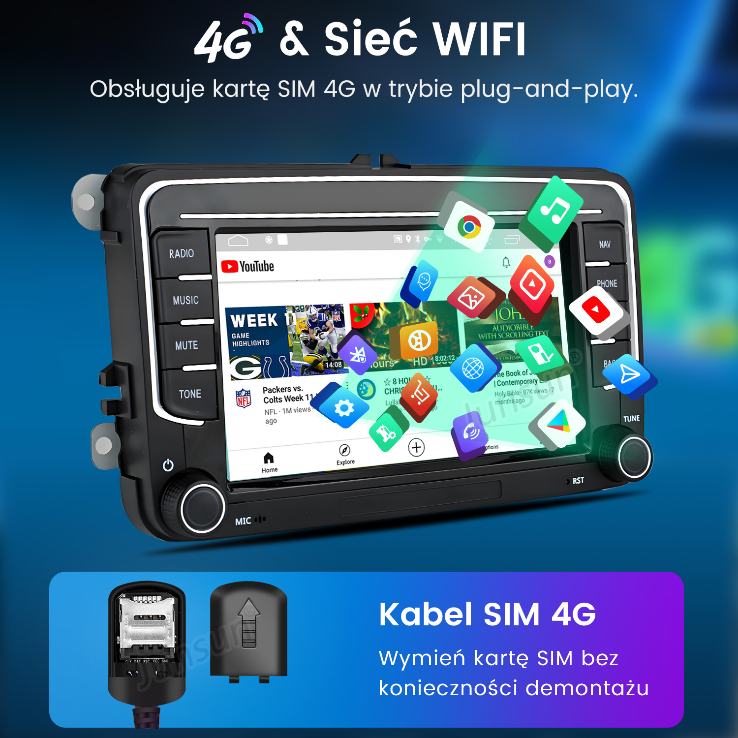 Samochodowy system audio z łącznością 4G i WiFi, wyświetlający film z YouTube i różne ikony aplikacji na ekranie dotykowym.