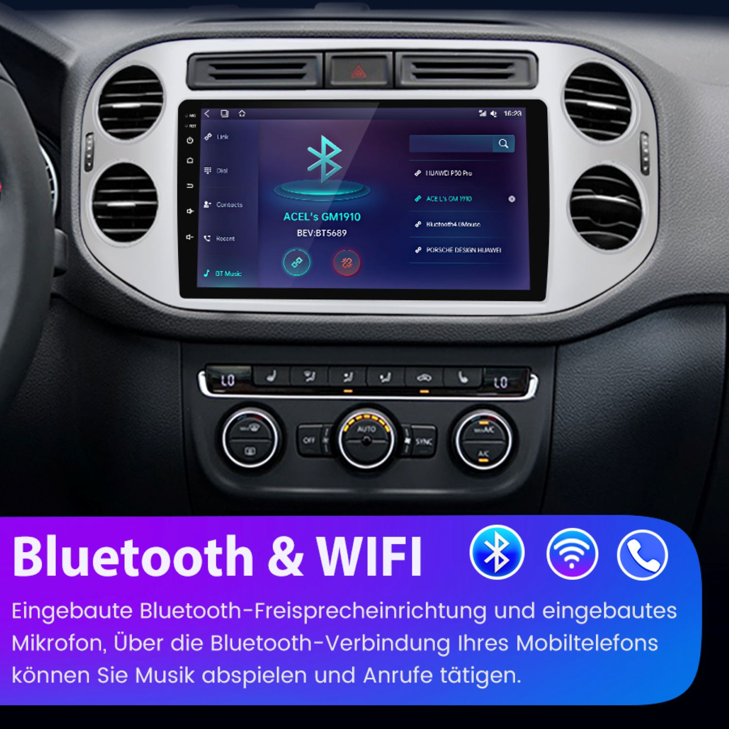 Wyświetlacz deski rozdzielczej samochodu z łącznością Bluetooth i WiFi, pokazujący różne ustawienia i opcje samochodu.