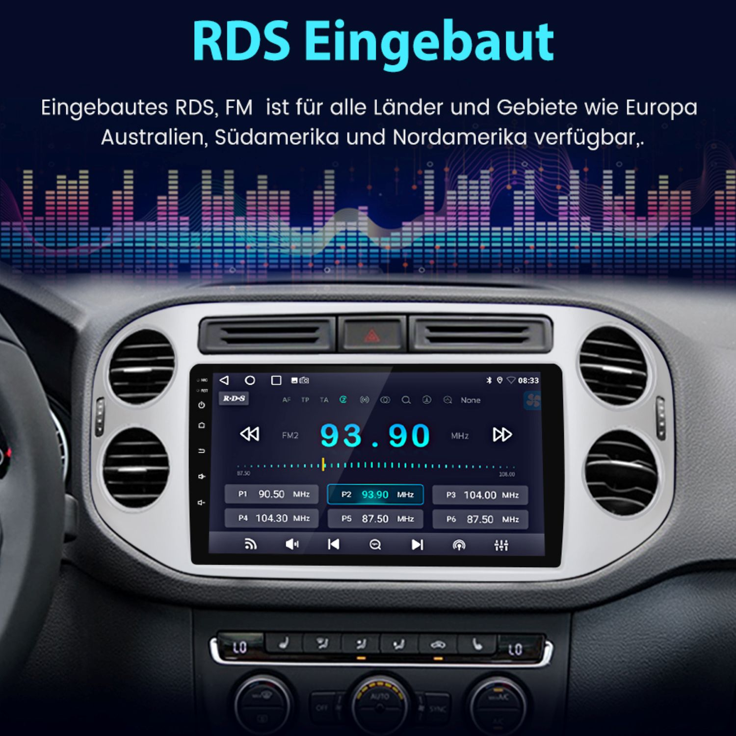 Wyświetlacz samochodowy stereo pokazujący RDS, częstotliwości radiowe FM, ustawienia wstępne stacji i elementy sterujące, umieszczony w desce rozdzielczej samochodu.