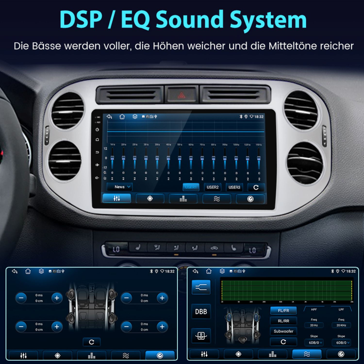 Wyświetlacz deski rozdzielczej samochodu prezentujący interfejs systemu dźwiękowego DSP/EQ z wieloma ustawieniami i elementami sterującymi audio.