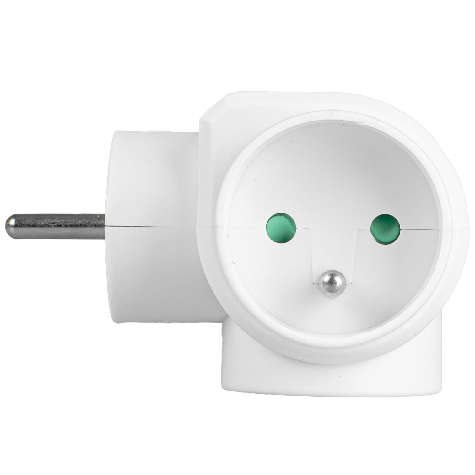 Biały adapter zasilania trójdrożnego z jednym wysuniętym bolcem.