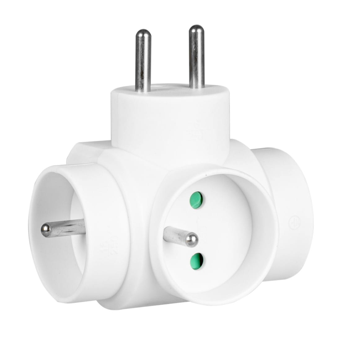 Biały adapter zasilania trójdrożnego z trzema gniazdami i dwoma bolcami w każdym.
