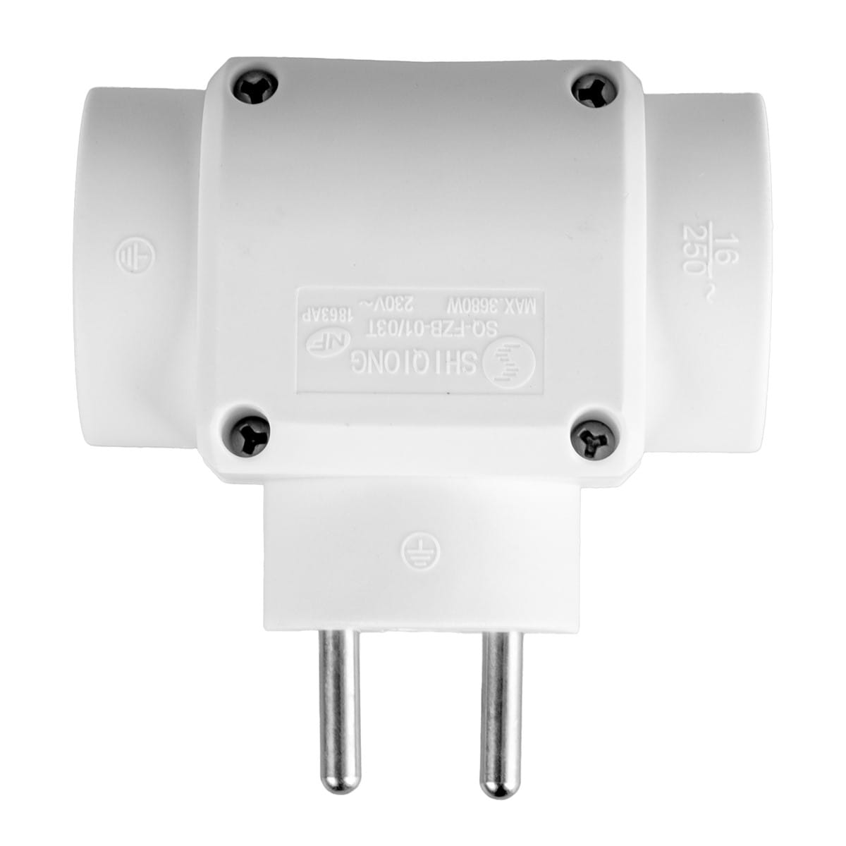 Przedstawiono biały trójdrożny adapter elektryczny z dwoma srebrnymi pinami na dole.