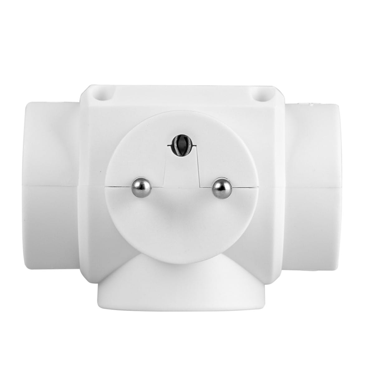Przedstawiono biały trójdrożny adapter elektryczny z okrągłym wgłębieniem pośrodku.