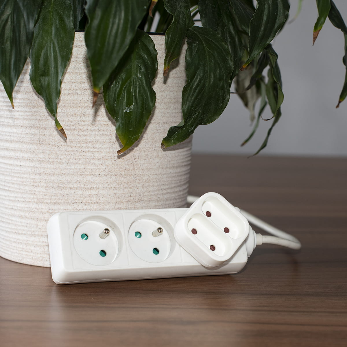 Biała listwa zasilająca z trzema gniazdami i adapterem obok rośliny doniczkowej na drewnianym stole.