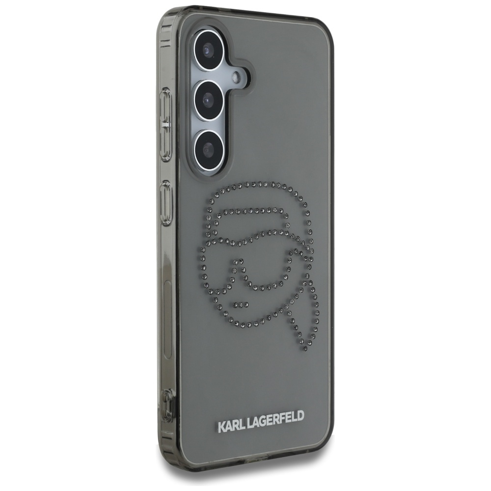 Etui na telefon z szarym wzorem, logo Karl Lagerfeld i detalami z dżetów.
