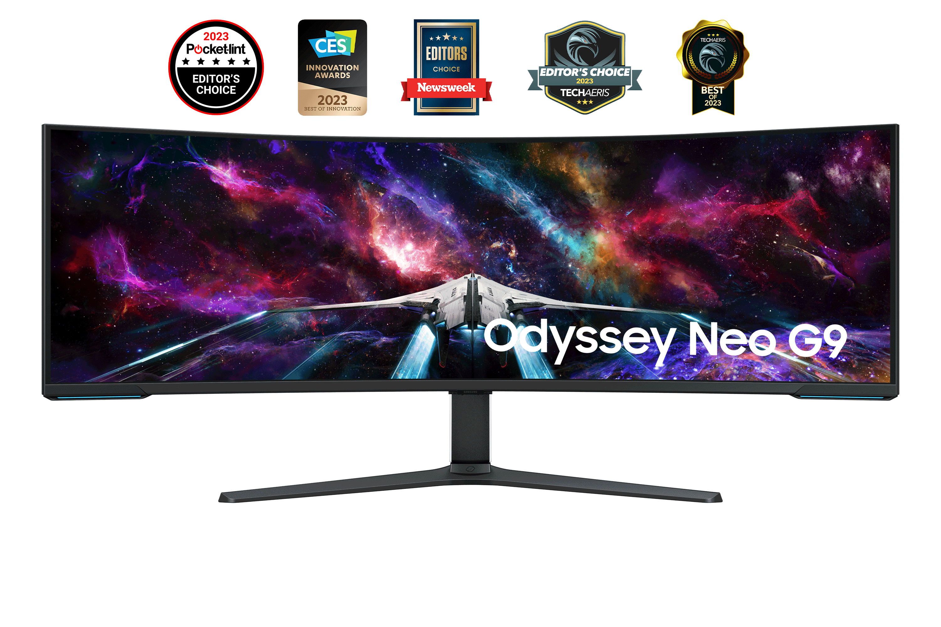 Monitor curvo con scena spaziale e premi.