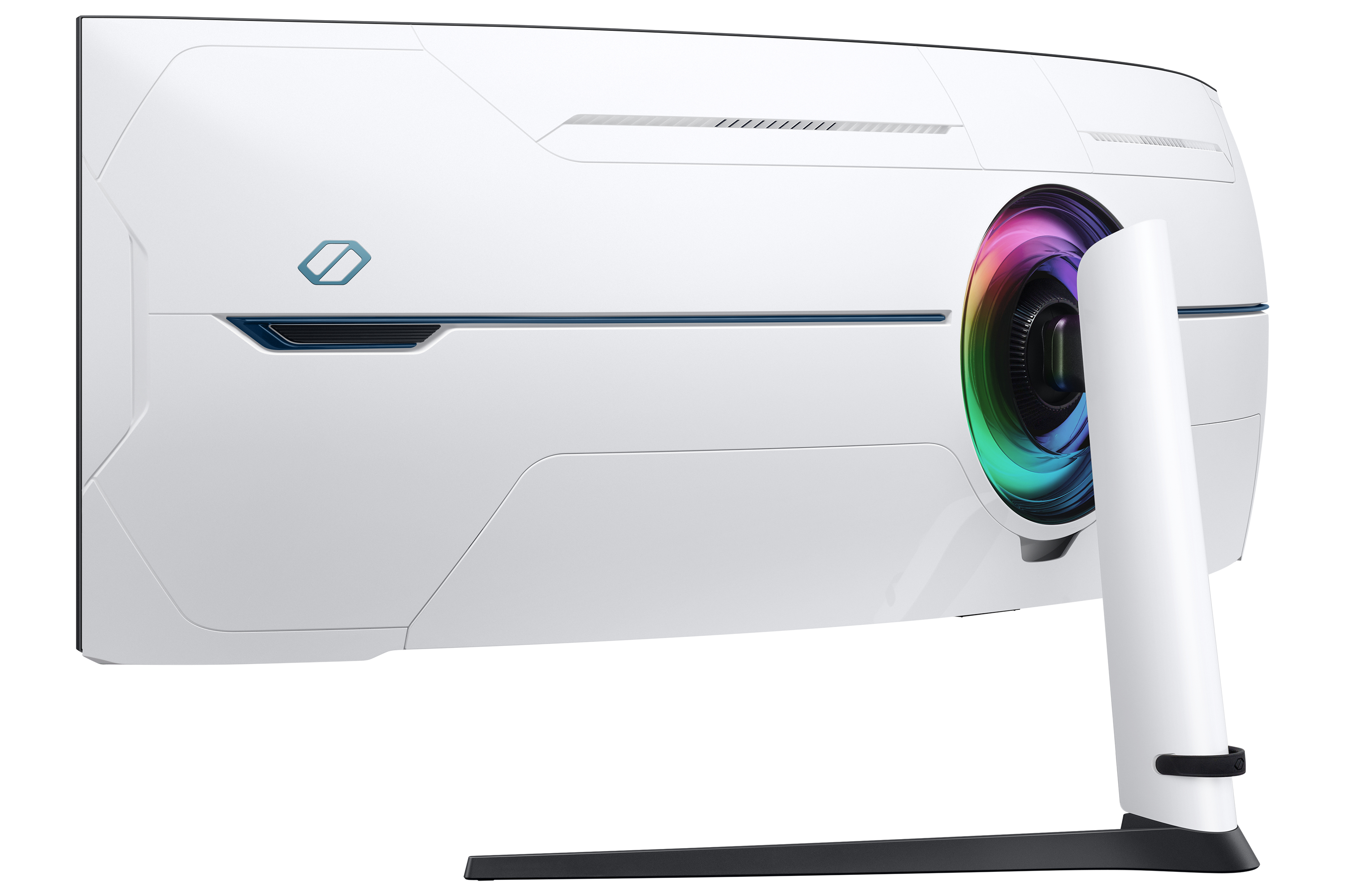 Vista posteriore di un monitor curvo bianco con un anello luminoso colorato.