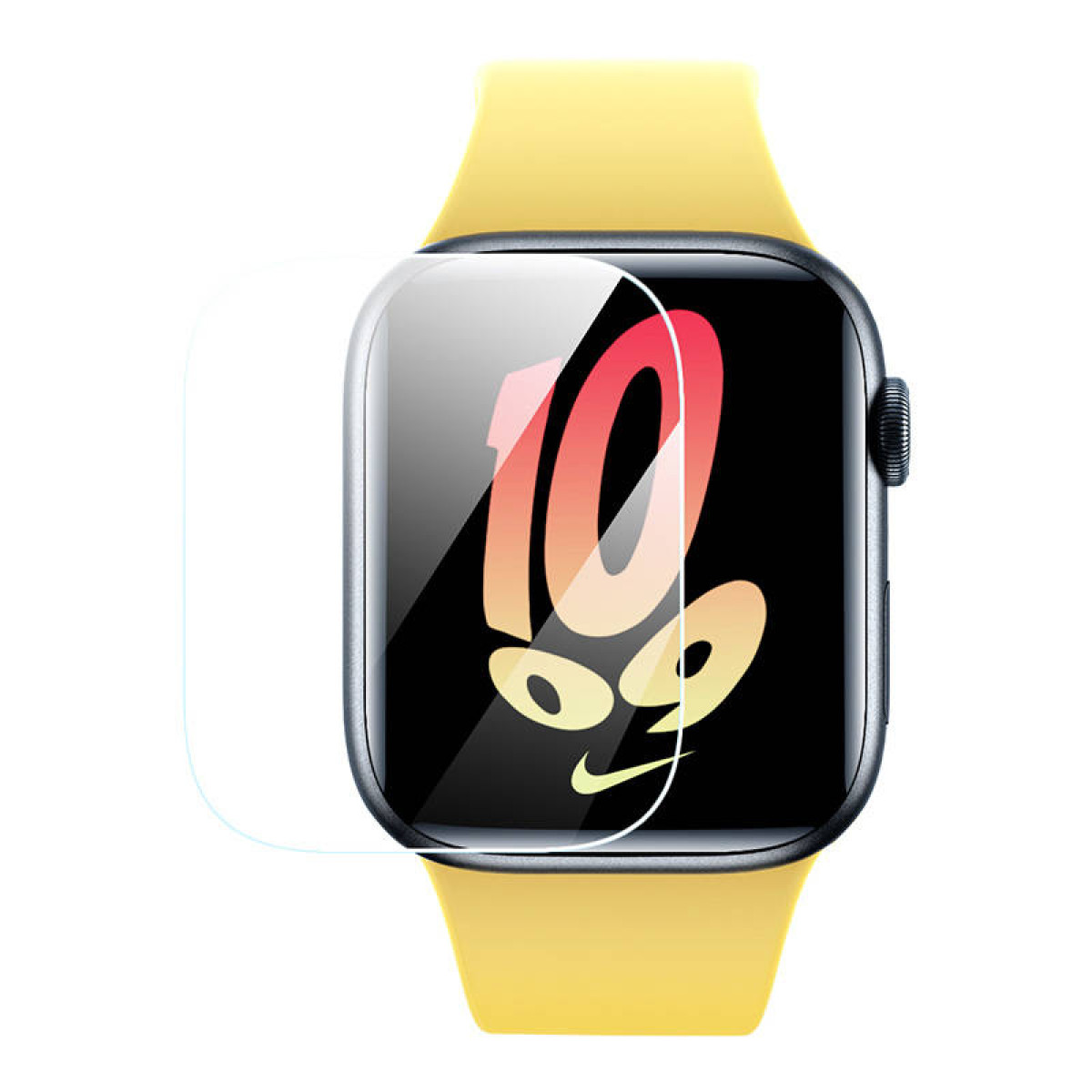 Smartwatch con cinturino giallo che mostra le 10:09 con una protezione per lo schermo su sfondo bianco.